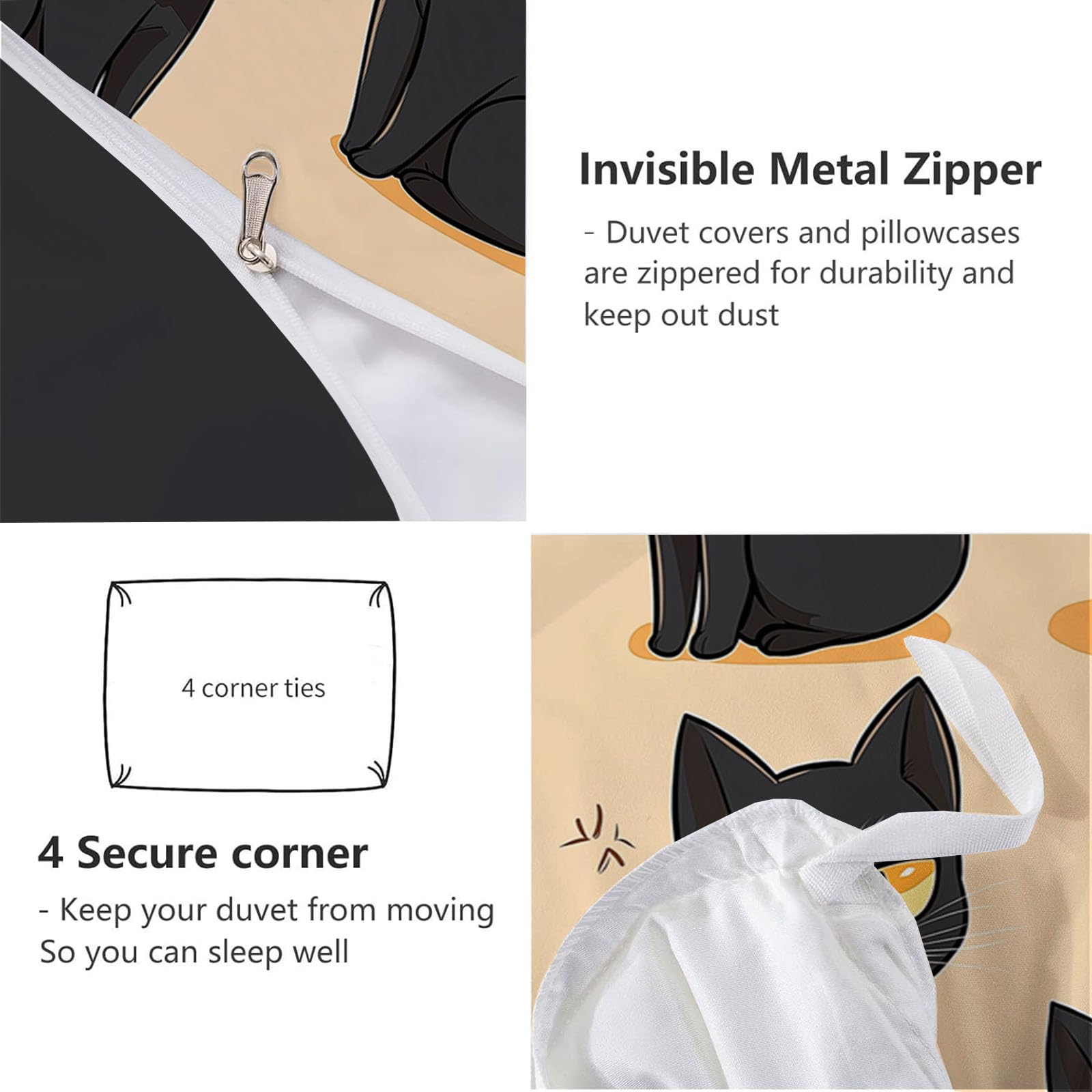 Gato Negro Sencillo Juego de Funda Nórdica 3 Piezas Cama 105 Microfibra Extra Suave Transpirable, Animales Funda Edredón 200x200cm y 2 Fundas de Almohada 50x75 cm