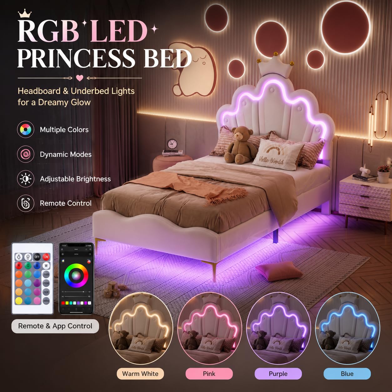BRILVERDE Cama de Niña 90x200 con LED, Cama Princesa con cabecera coronada, Marco con somier de láminas, para niñas, para niños y adolescentes, PU (blanco, 90x200 cm)