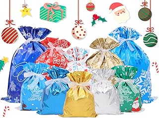 30 PCS Christmas Candy Gift Bagï¼ŒXmas Foil Presents Bags Goody Bags Candy Bags with Ribbon Ties for Kids Christmas Party Favors Supplies(10 Styles)