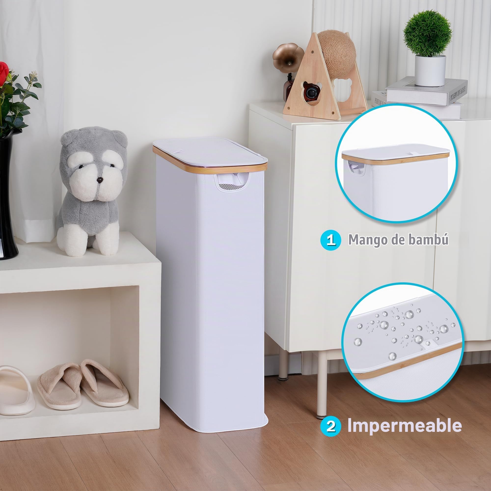 efluky Cesto Ropa Sucia con Tapa 63L, Cesta Ropa Sucia Estrecho de Bambú, Cesta de Almacenamiento, Cubo Ropa Sucia Pequeño Plegable para Baño, Dormitorio, Lavadero, Blanco