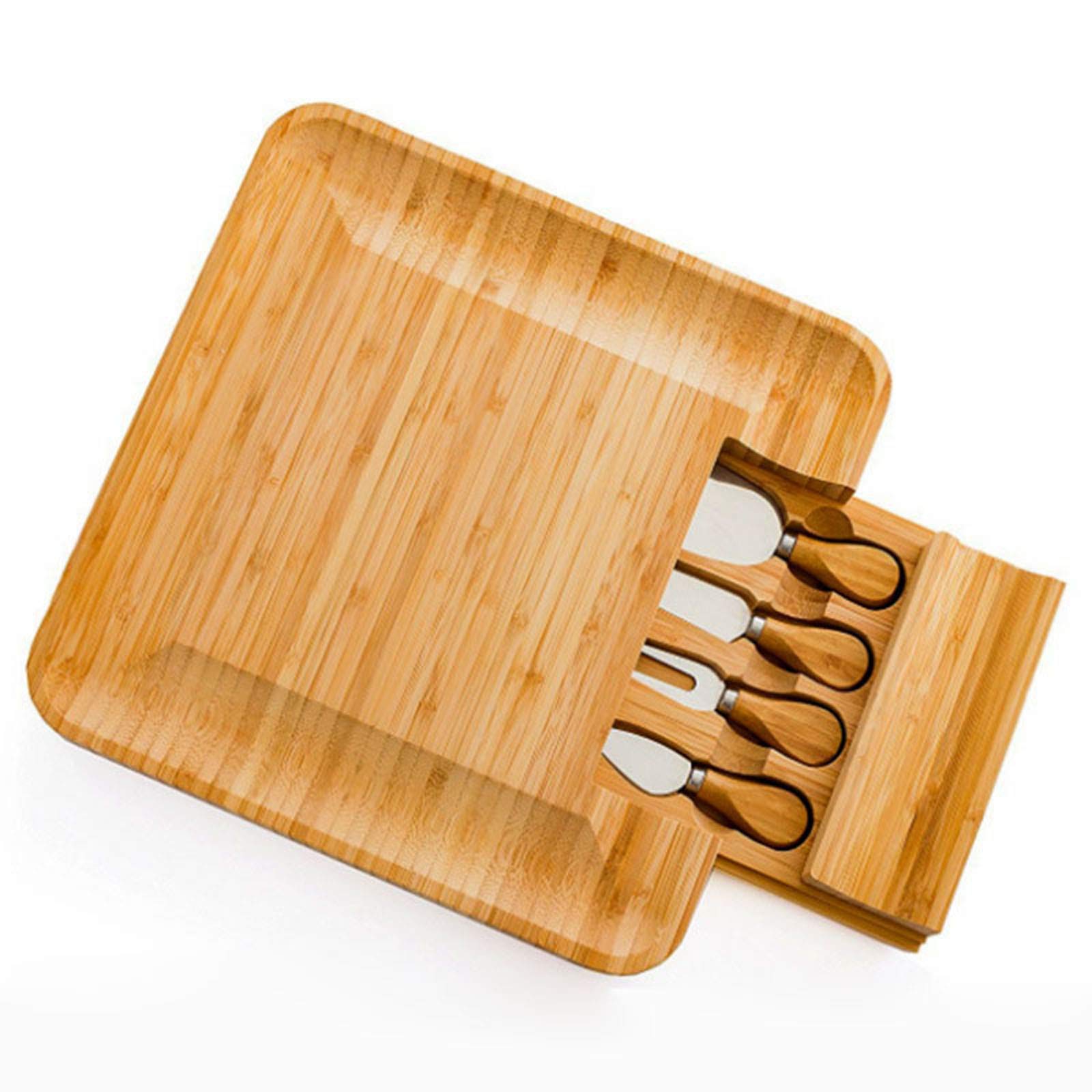BYBYCD Cheese Board and Knife Set Bamboo Charcuterie Board Charcuttery Platter Wood Serving Tray with Cutlery Set Slide-Out Drawer Cheese Plate
