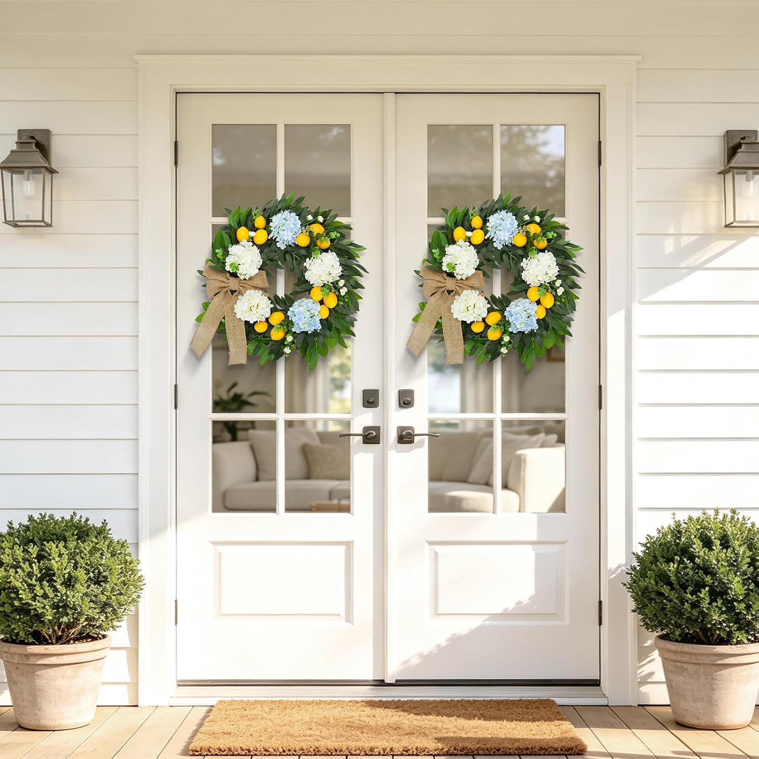 22 Inch Lemon Wreath for Front Door, Spring Summer Wreaths for Outside with Hydrangeas, Greenery and Burlap Bow, Artificial Citrus Floral Wreath for Farmhouse Porch Wall Window Kitchen Decor