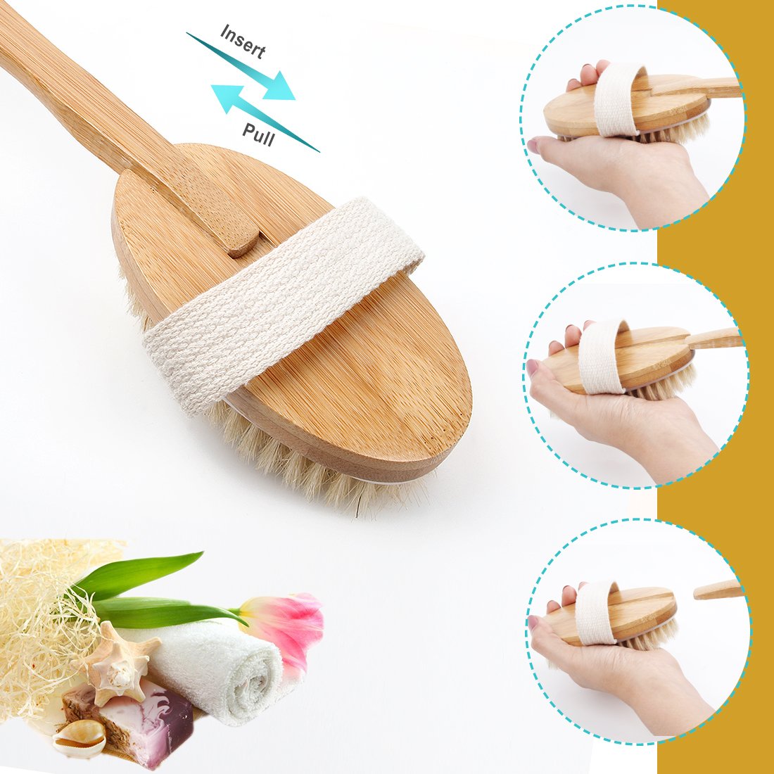 Bath Body Brush & Shower,Dry Skin Brushing with 100% Natural Boar Bristles & 16 inches Long Bamboo Detachable Handle,Back Scrubber for Exfoliates & Stimulates Blood Circulation-by QL-ben : Beauty & Personal Care
