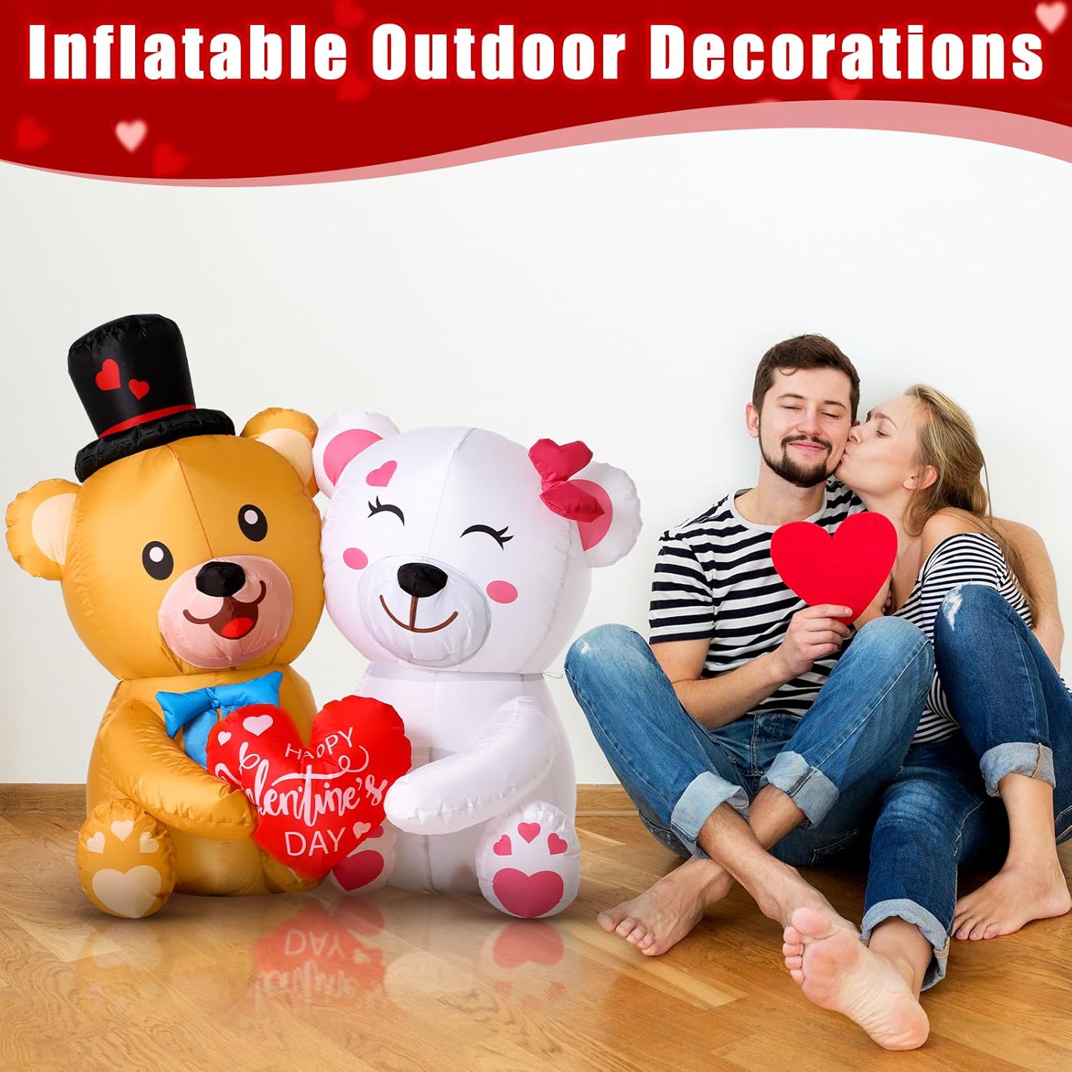 Capoda 4 ft Valentine's Day Inflatable Couple Bear with Love Heart LED Valentines Inflatables Outdoor Decorations Sweet Couple Bear Blow up Yard Decoration for Wedding Garden Yard Lawn Party