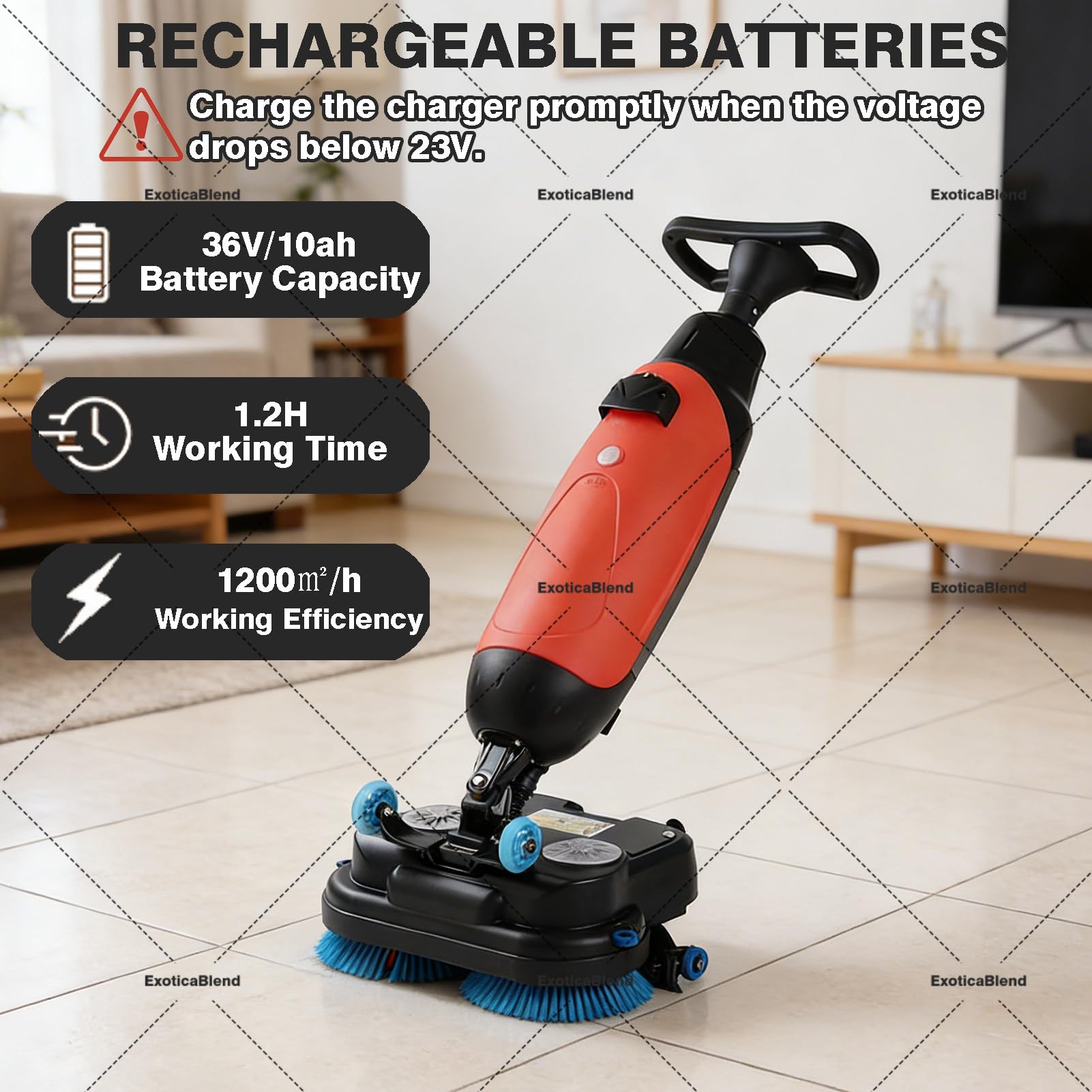 Secador eléctrico de piso, camino de fregado de 17 pulgadas, tanques duales, cobertura de 1200㎡/H, 240 RPM, adecuado para suelos de madera, azulejos, terrazo, suelos de mármol y cemento