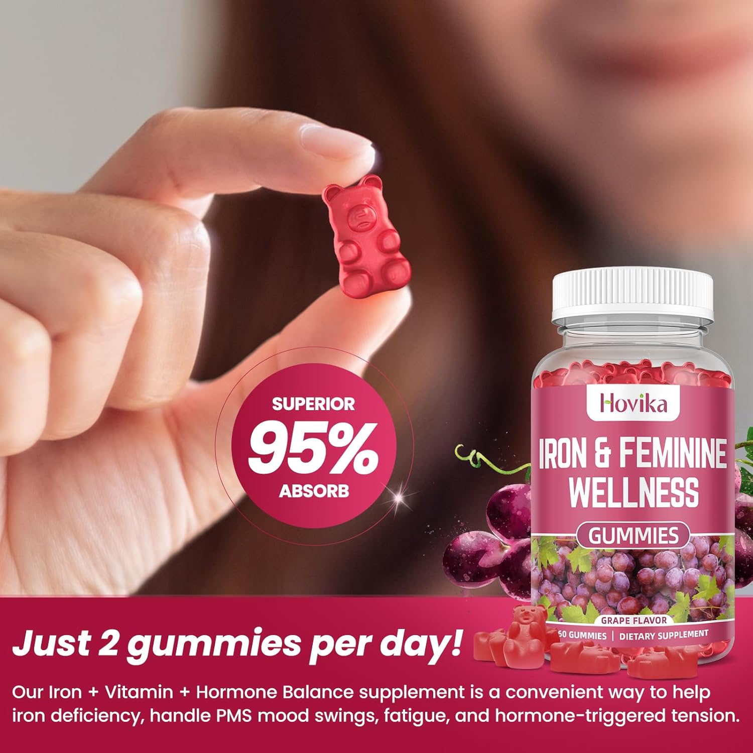 Iron for Women Gummies, 40mg Iron Supplement Anemia with multivitamin for Women, Zinc, Selenium, Iodine - for Iron Deficiency - Natural Hormonal Support for PMS, Grape Flavour, 2 Pack