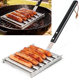 Hot Dog Roller for Grill, BBQ Sausage Roller with Extra Long Wood Handle, Hotdog Roller Grills Evenly with No Charring, 5 Capacity