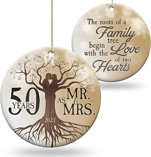 Giveena 50th 2023 Wedding Anniversary Ornament - Christmas Ceramic Ornament Gift Anniversary for Couple, Parents, Friend Her Him - 50th Wedding Anniversary Present Holiday Decoration Hanging Ornament