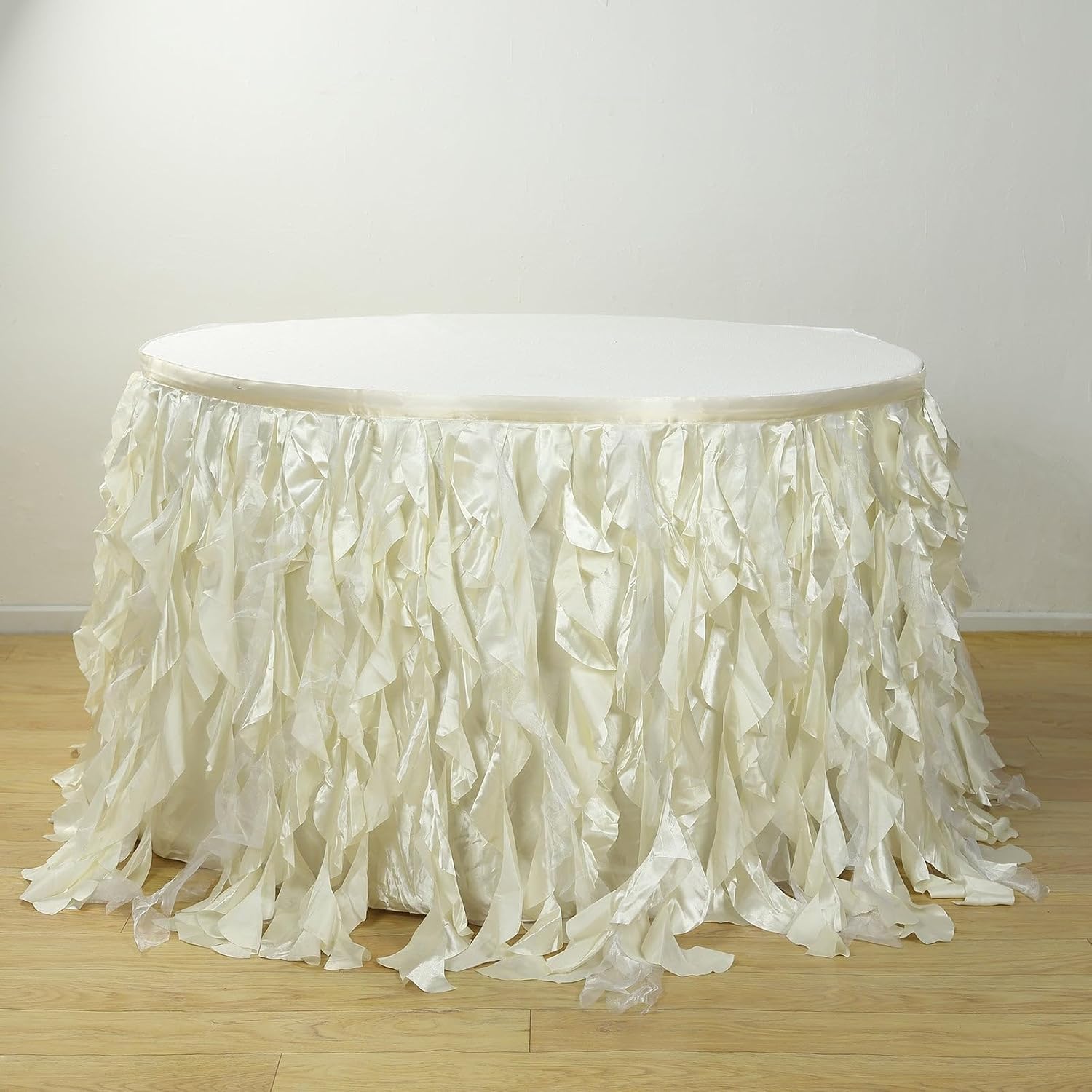 Efavormart 17ft Enchanting Curly Willow Taffeta Table Skirt for Kitchen Dining Catering Wedding Birthday Party Events - Ivory