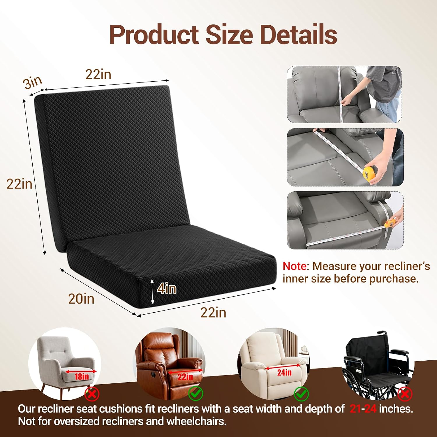 Recliner Cushions for Elderly, 22x20x4in Egg Crate Foam, Black