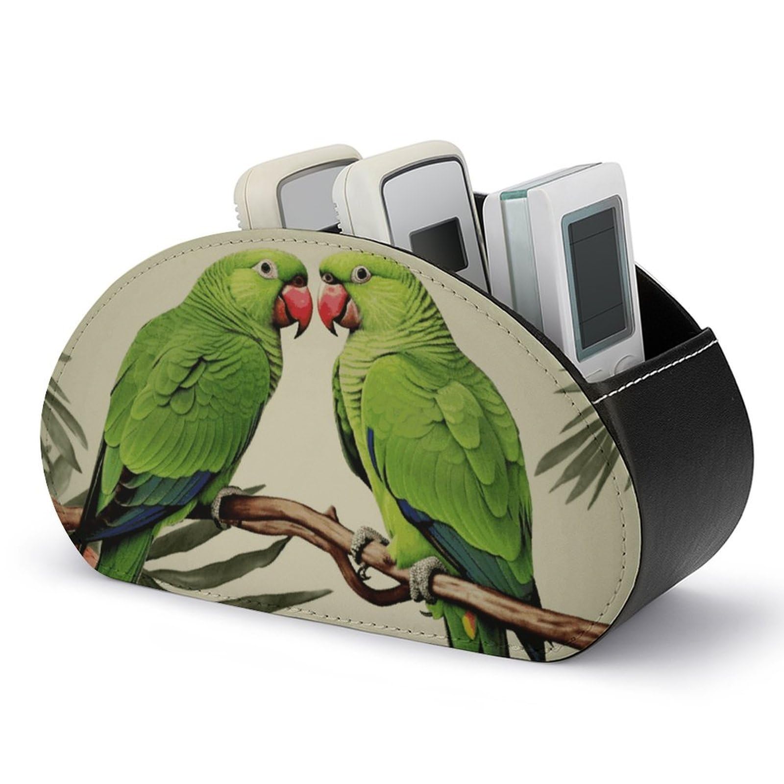 VstaDank Couple Parrots Olive Remote Control Holder with 5 Compartments PU Leather Remote Caddy Desktop Organizer Store TV Remote Control Storage Box for Home Office Desk Nightstand