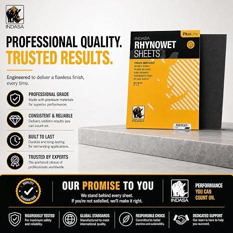 Indasa 50 PCS 9x11 Rhynowet Wet & Dry Sandpaper Sheets, 800 GRIT, Clog-Resistant Abrasive for Wood, Metal, Auto, Paint & Clear Coat Finishing, Sand Paper Silicon Carbide, Plusline