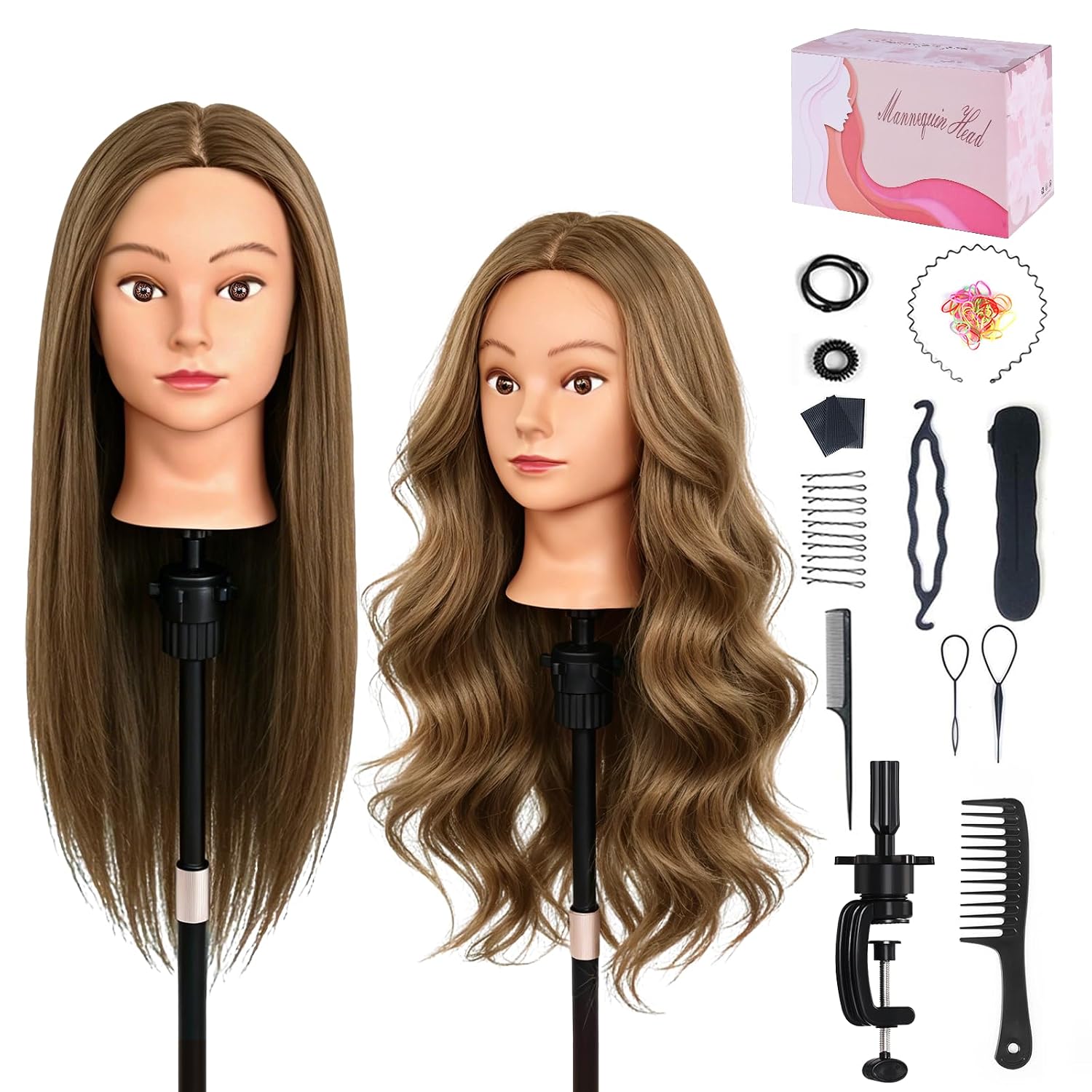 Beauty Star 80% Human Hair Mannequin Head, 26" Real Hair Training Doll for Cosmetology Hairdressing Practice, with Clamp Holder & Styling Tools