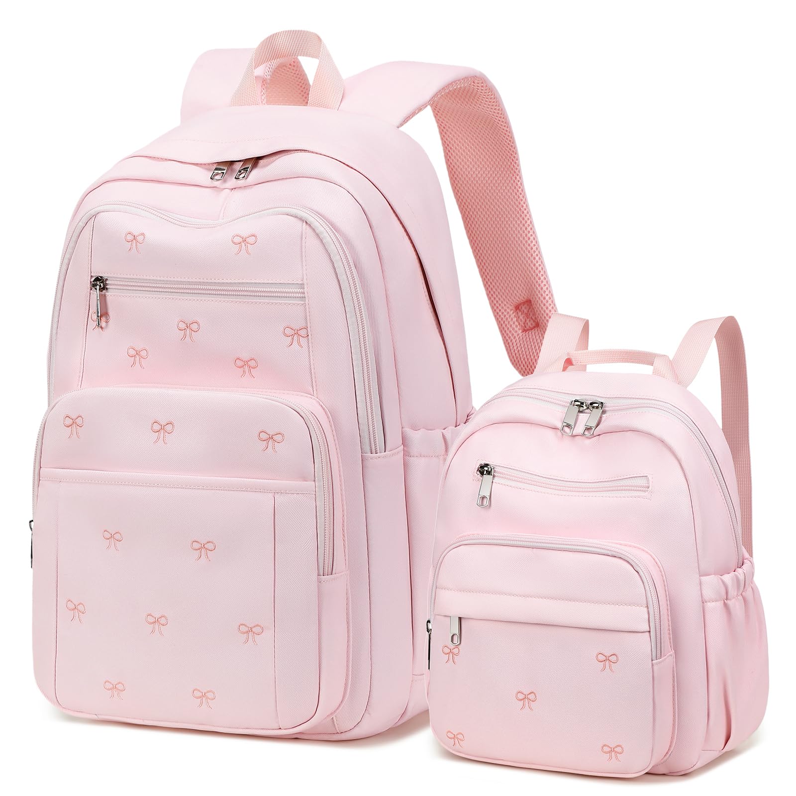 DIGOBAY Backpack for Girls, 2PCS Embroidered Girls Bookbag with Mini Bag | School Girls Backpack with Mini Backpack for Teen Women for Elementary Middle High School College Work Travel Bag, Pink Bow
