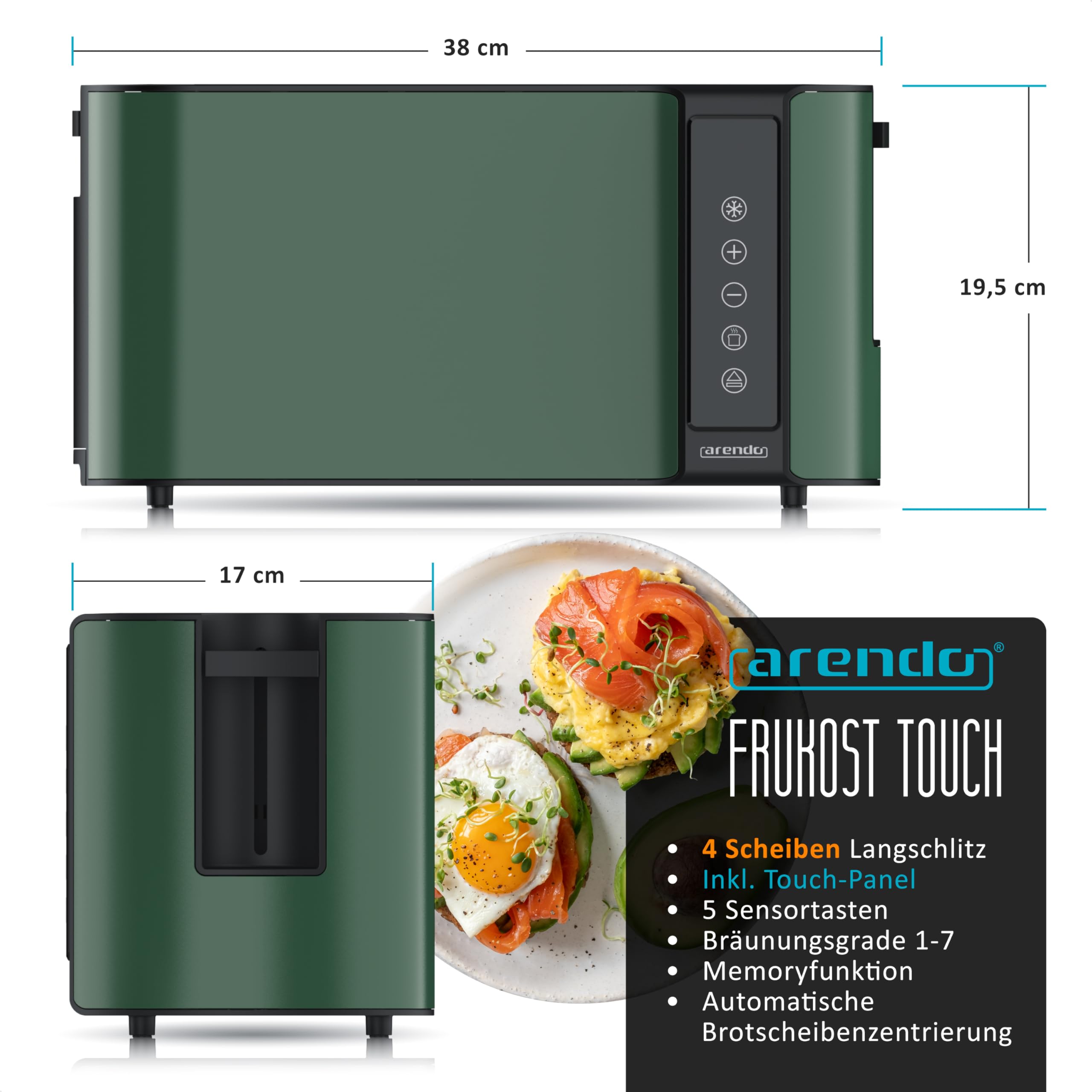 Arendo Küchen Set Edelstahl Wasserkocher Temperatureinstellung Toaster Langschlitz 4 Scheiben Touchpanel LED Display Brötchenhalter