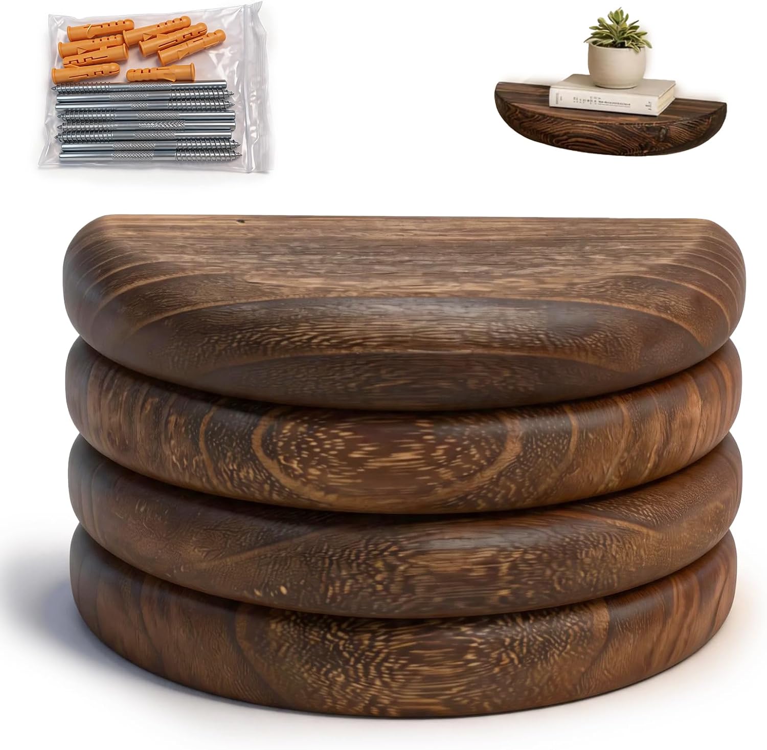 4Pcs 8.27 Inch Wooden Floating Shelves, Dark Brown Moon Shelf, Decorative Wall Shelves for Living Room
