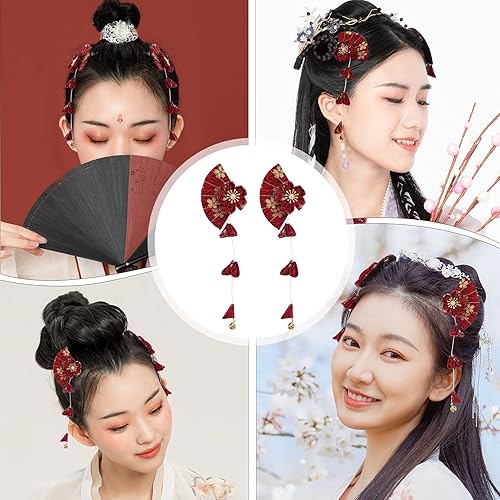 Miniatura 5 de KESYOO 1 par de pinzas para el pelo de estilo japonés con borlas, hermosa horquilla antigua, accesorios de disfraz para mujer, color rojo