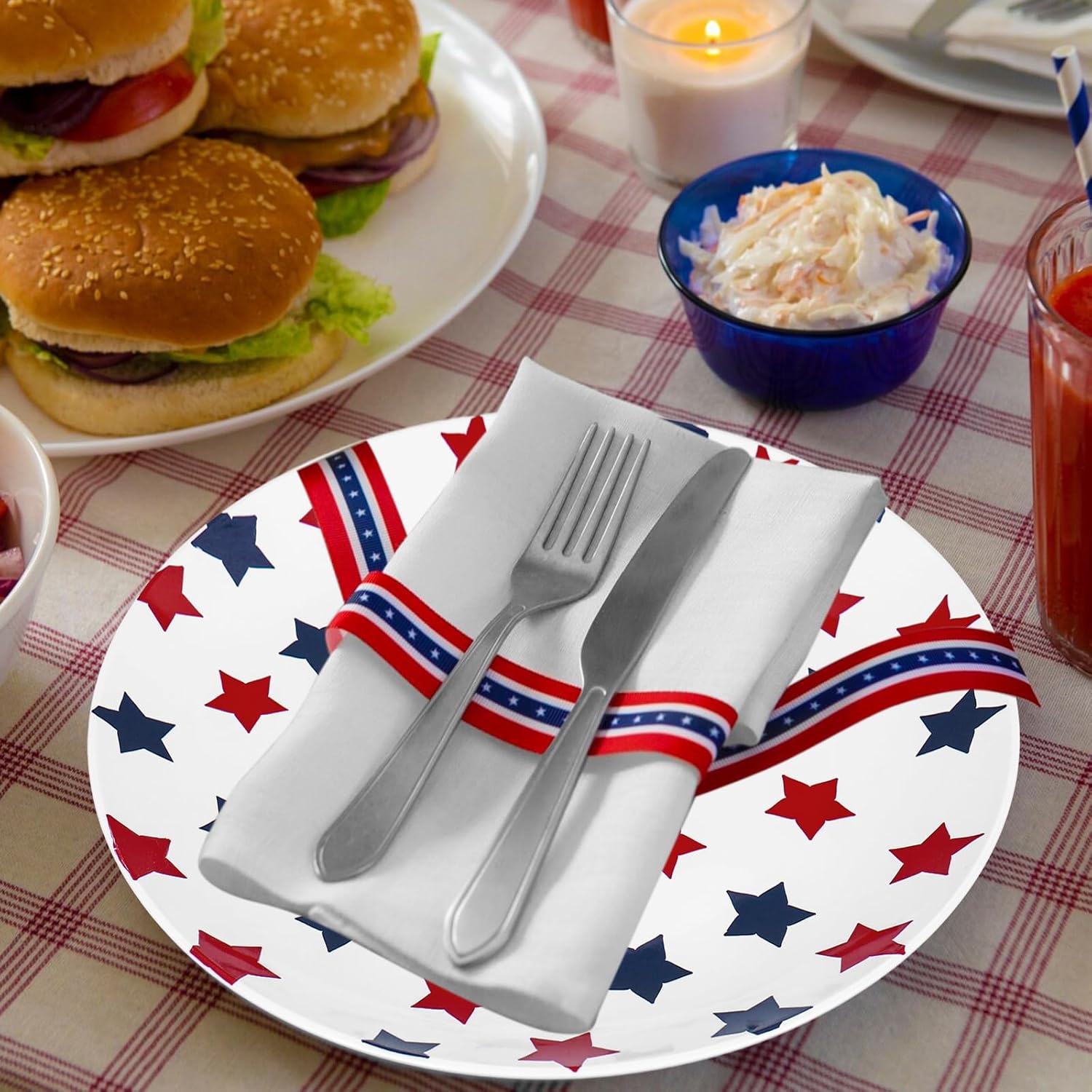 Whaline 40Pcs Patriotic Plastic Plates Reusable Party Plate 4th of July Red Blue Star Dinner Dessert Plates for Independence Day Memorial Day Party Supplies Table Decor