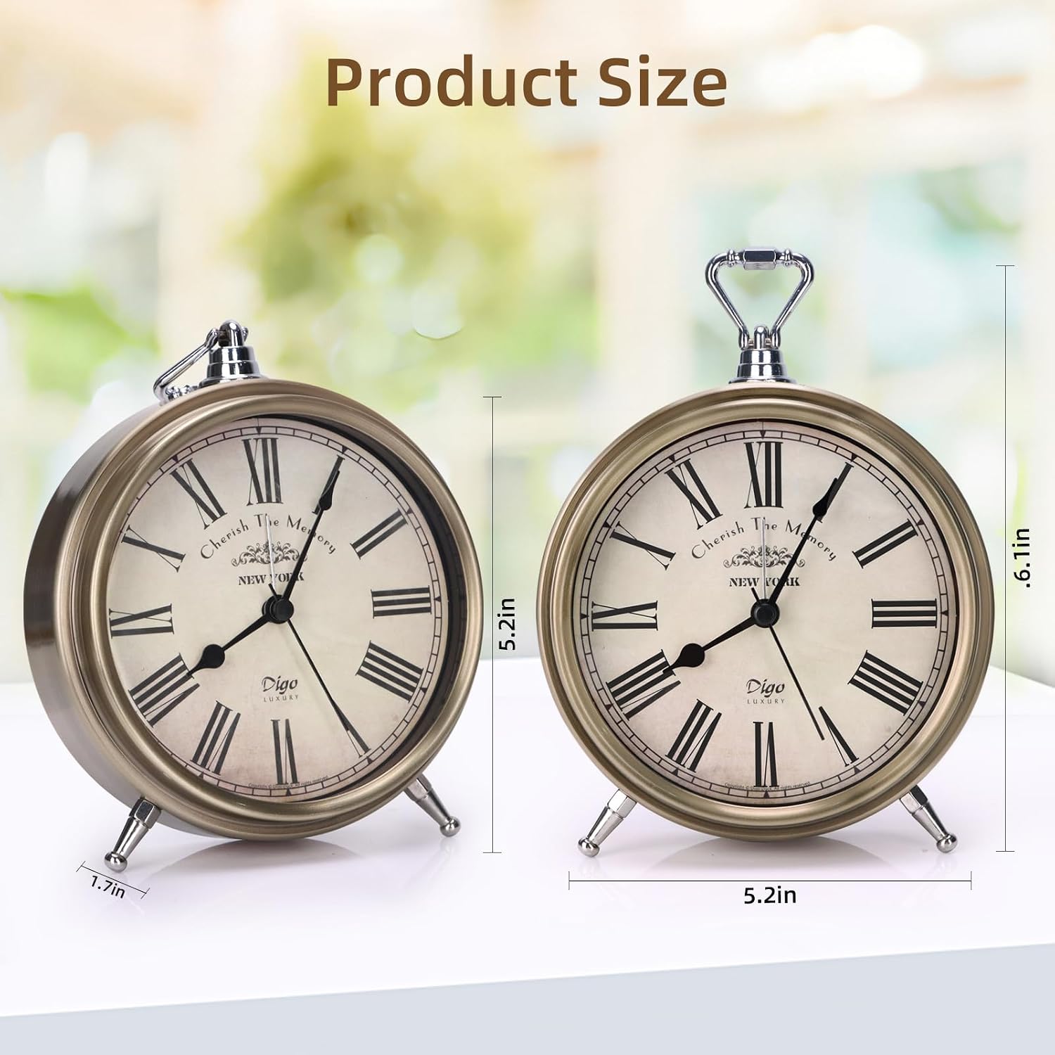Maxspace Vintage Table Clock on Stand, Super Silent Non Ticking Silvery Small Analog Alarm Clock,Battery Operated, Decorative Clock for Bedside/Desk/Shelf (Roma)
