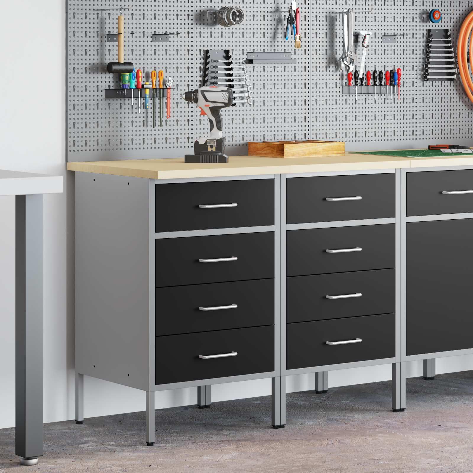 Banco da lavoro con cassetti, 2 pezzi, nero e grigio, 100 x 55 x 85 cm, armadietto da officina in legno e acciaio con telaio robusto, contenitore versatile per attrezzi, industriale