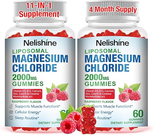 Paquete de 2 gomitas de Chioruro de Magnesio Liposomal de 2000 mg con calcio, vitamina D3, B12, zinc, L-teanina, CoQ10  Mezcla patentada para