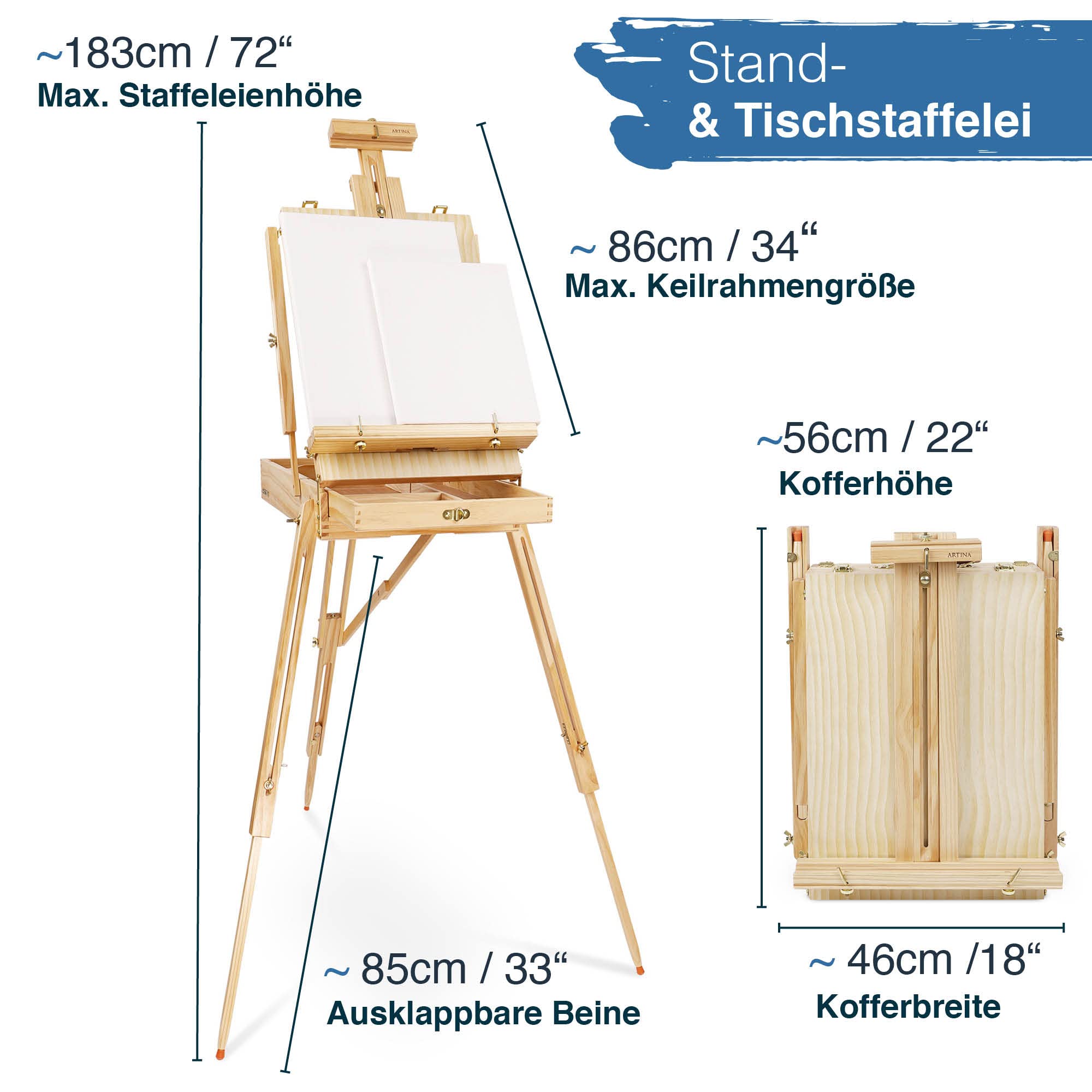 Artina 30 tlg Malset mit Kofferstaffelei Acrylfarben Set Künstlerkoffer | 2x Leinwänden 18x Pinseln & Mal Zubehör für Erwachsene & Hobbykünstler 30tlg Malen Acryl Anfänger Madrid