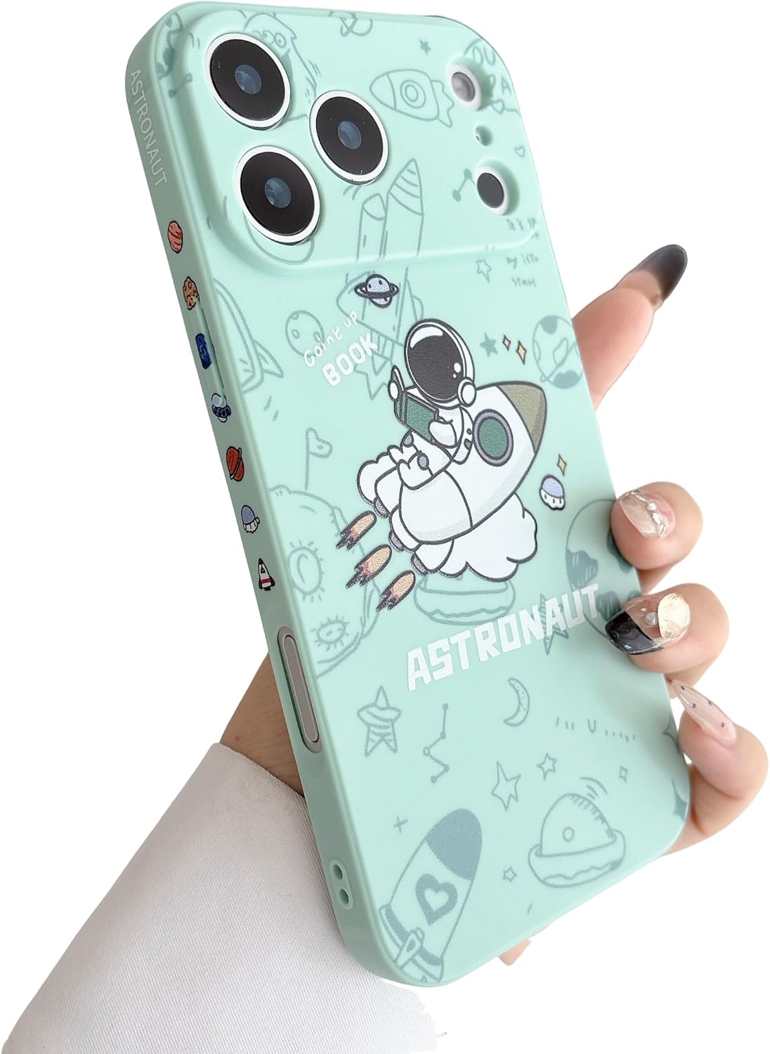 for iPhone 17 Pro Clear Cute Case, Cool Cartoon Astronaut Space Planet Moon Design Stylish TPU Bumper Shockproof Anti-Slip Protector Fashion Case (Green Rocket, iPhone 17 Pro)
