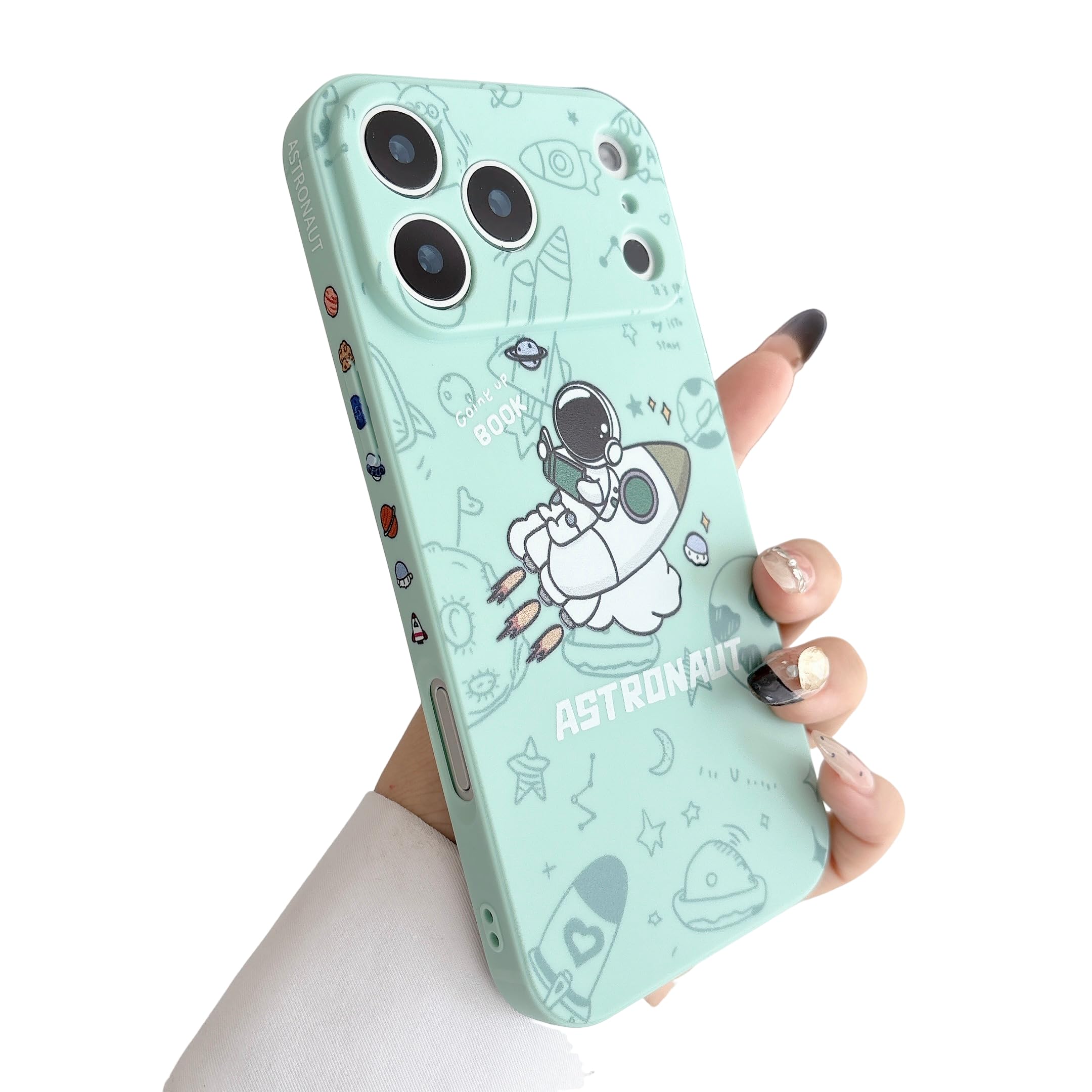 Yonds Queen para iPhone 17 Pro Funda transparente linda con diseño de astronauta de dibujos animados con temática espacial, elegante amortiguador de TPU con protección antideslizante, moda (cohete