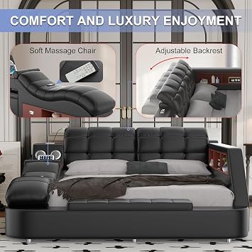 AF ARTISAN FURNITURE Queen Size Smart Multifuncional Bed Frame - Upholstered Leather Platform with Massage Recliner, Bluetooth Speaker, USB Charging, Storage Drawers, Strong Wooden Slats, Black