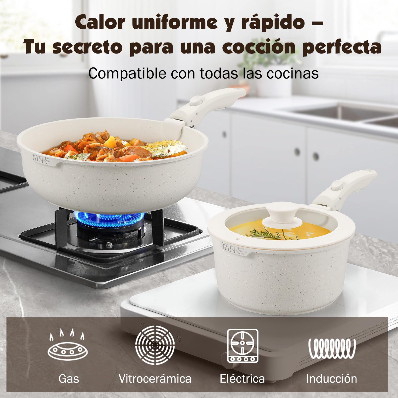 YASHE Batería de Cocina 21 Piezas, Antiadherente, con Mangos Desmontables y Tapas de Vidrio, Compatible con Inducción, Horno y Lavavajillas, Apilable, Blanca | Dos mangos extraíbles y sartén grill cuadrada; cuerpos aptos para horno, apilables y compatible