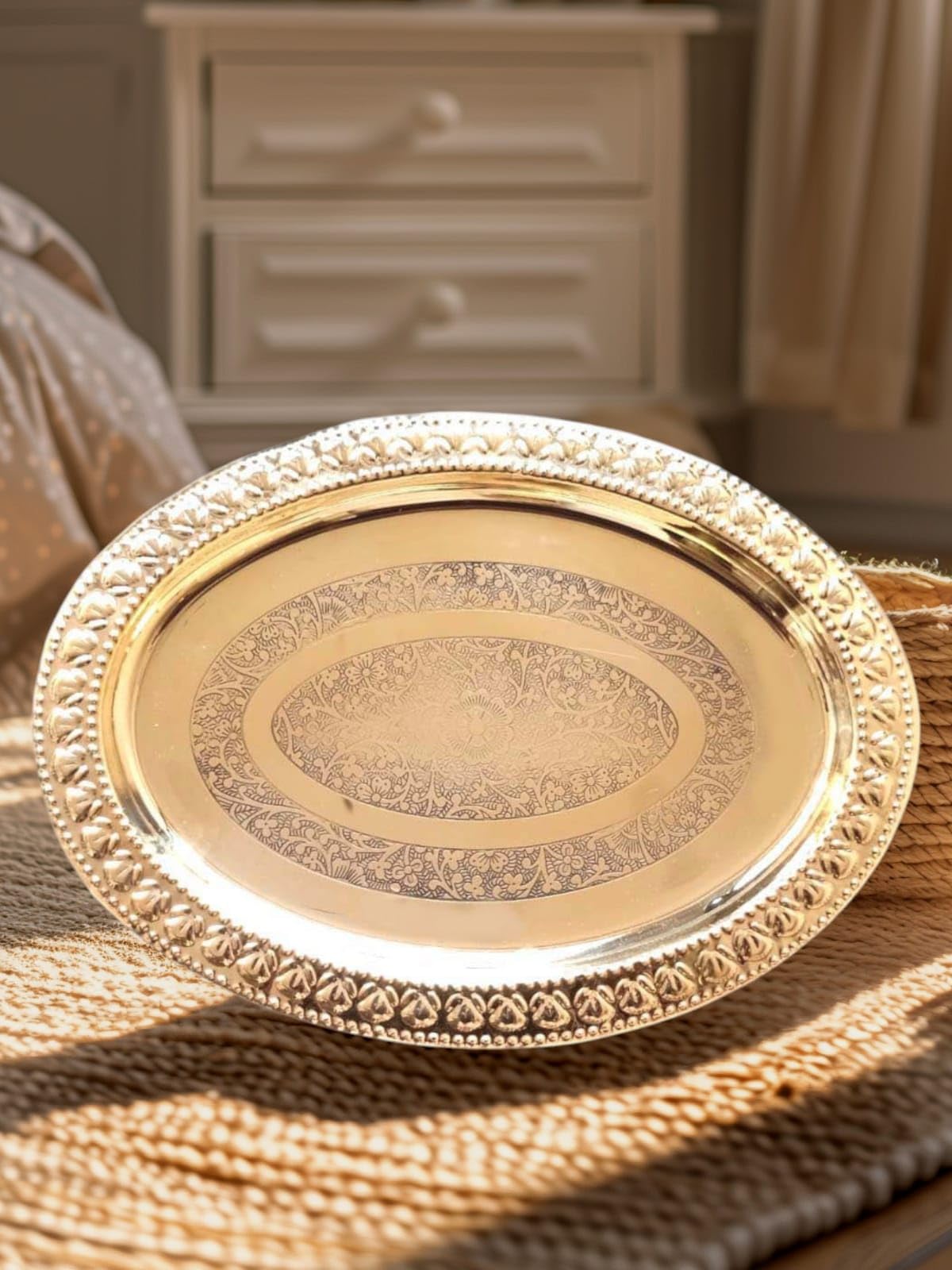 Denique Brass Nakshi Flower Design Embossed Oval Tray, Engraved Scene, Catch-All Retro Tea Coffee Food Vintage Serving Plate
