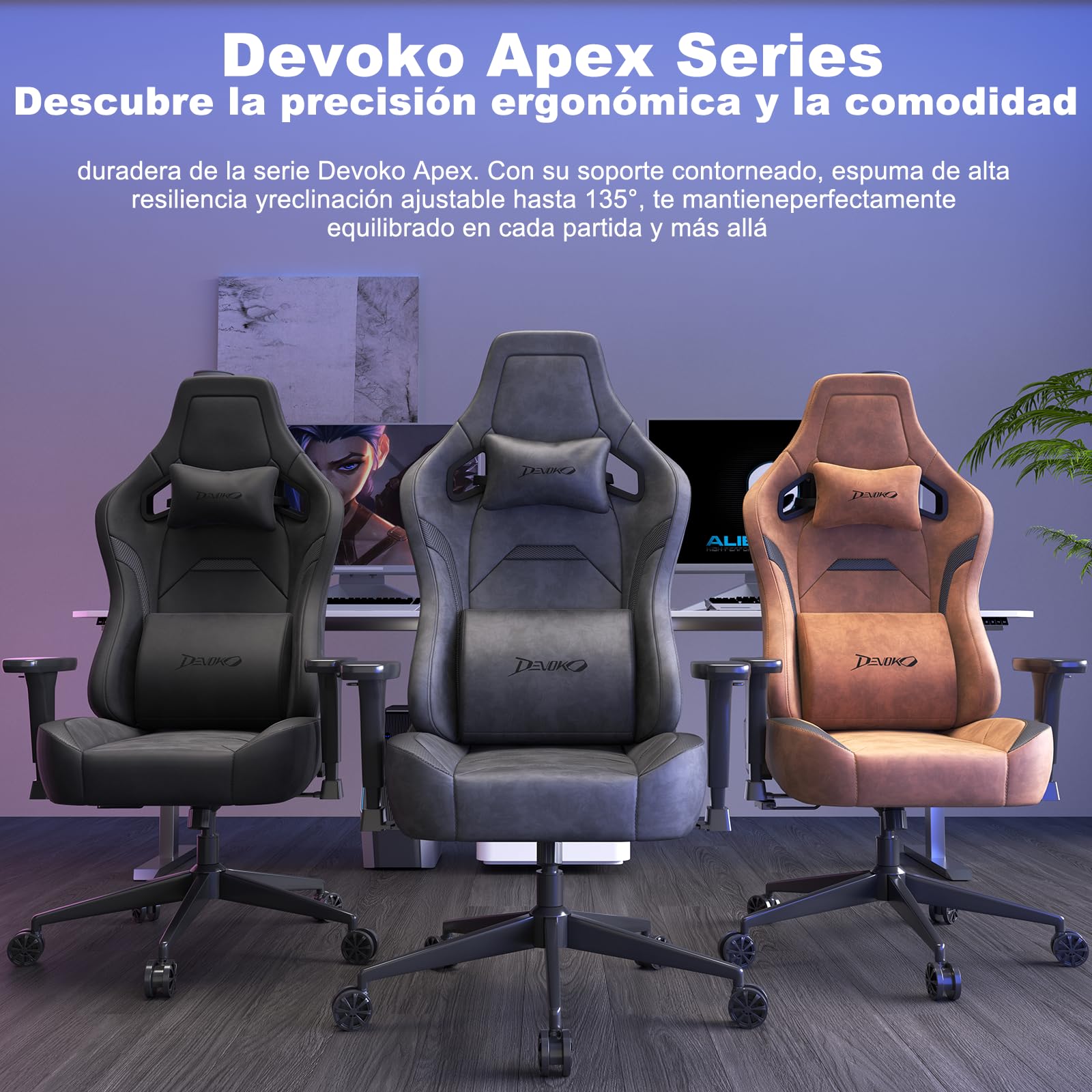 Devoko Silla Gamer Ergonómica para Oficina y Ordenador, Gamuza Suave, Reposabrazos 3D, Espuma Moldeada, Cojín Lumbar Ajustable, Base Metálica Fuerte, 180 kg, Gris Carbón