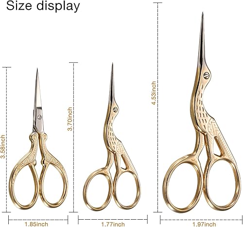 Miniatura 2 de Tijeras de costura con diseño de grúa de acero inoxidable, 3 piezas, bordado, corte de papel, costura y actividades diarias (dorado)