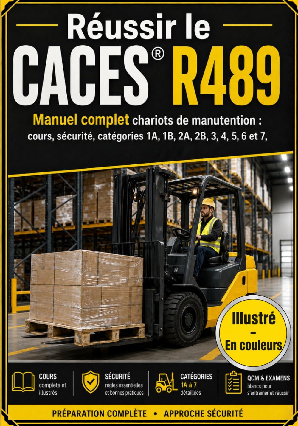 Le CACES R489 expliqué simplement (9 catégories): Manuel illustré couleur complet : 100 QCM corrigés et 3 examens blancs, toute la théorie, conduite en sécurité, plaque de charge.