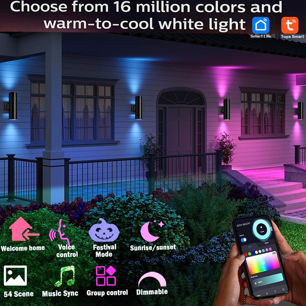 rosykite Exterior Double Up Down Outdoor Wall Lights,Mi.Light Remote Control RGB Color Changing 1000lm Warm White 3000k RGBW Cylinder Outdoor Wall Light,Smart LED Exterior Lighting (4 Pack)