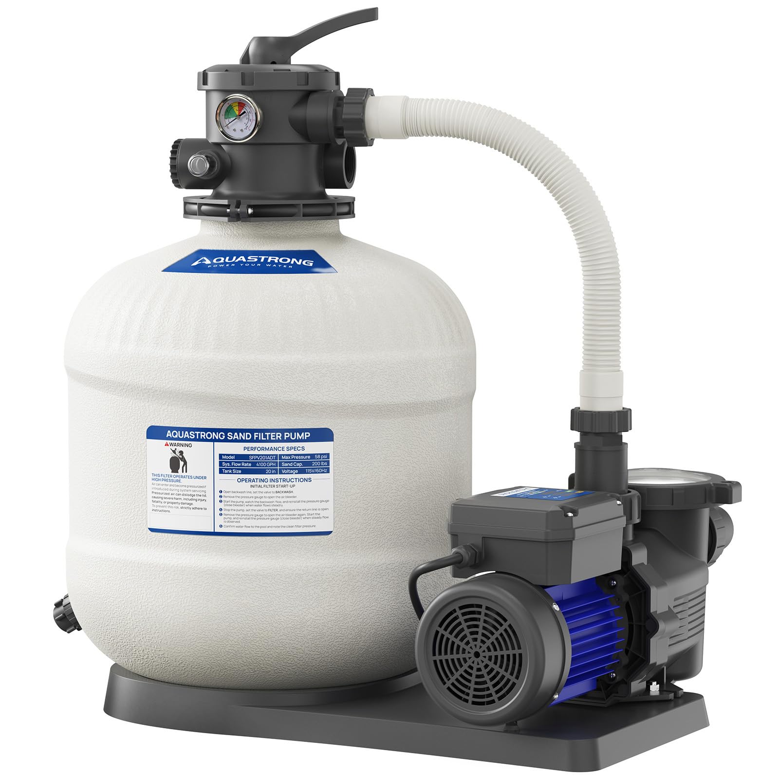 AQUASTRONG Sand Filter Pump for Above Ground Pool with Timer, Dual-Speed Pool Pumps Above Ground, Pool Filter With 6-Way Valve, Improved Circulation and Filtration, 20in, Up to 21000 GAL