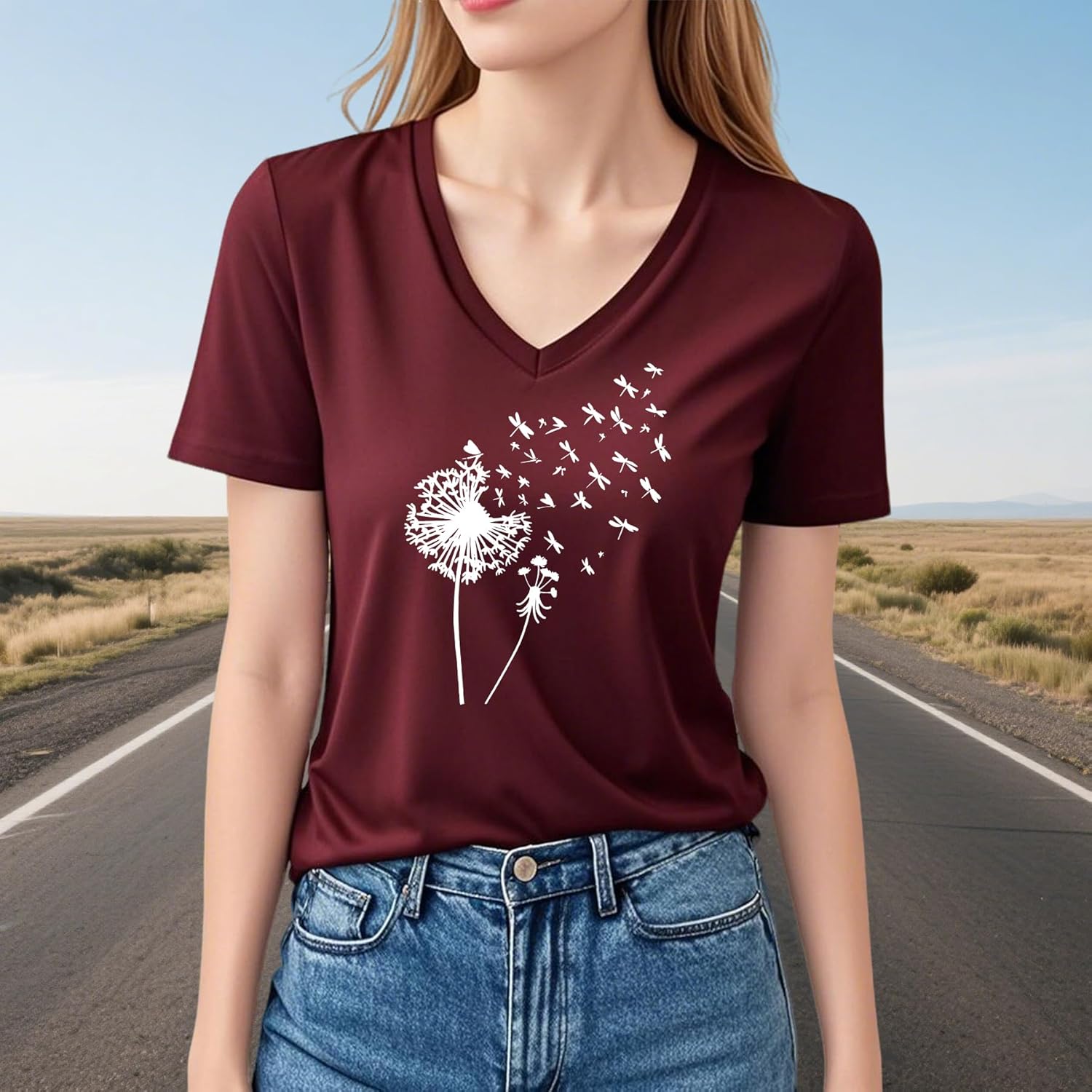 DANVOUY Women's Dandelion Print T Shirts Cute V-Neck Graphic Tees Short Sleeve Summer Tops - Image 2
