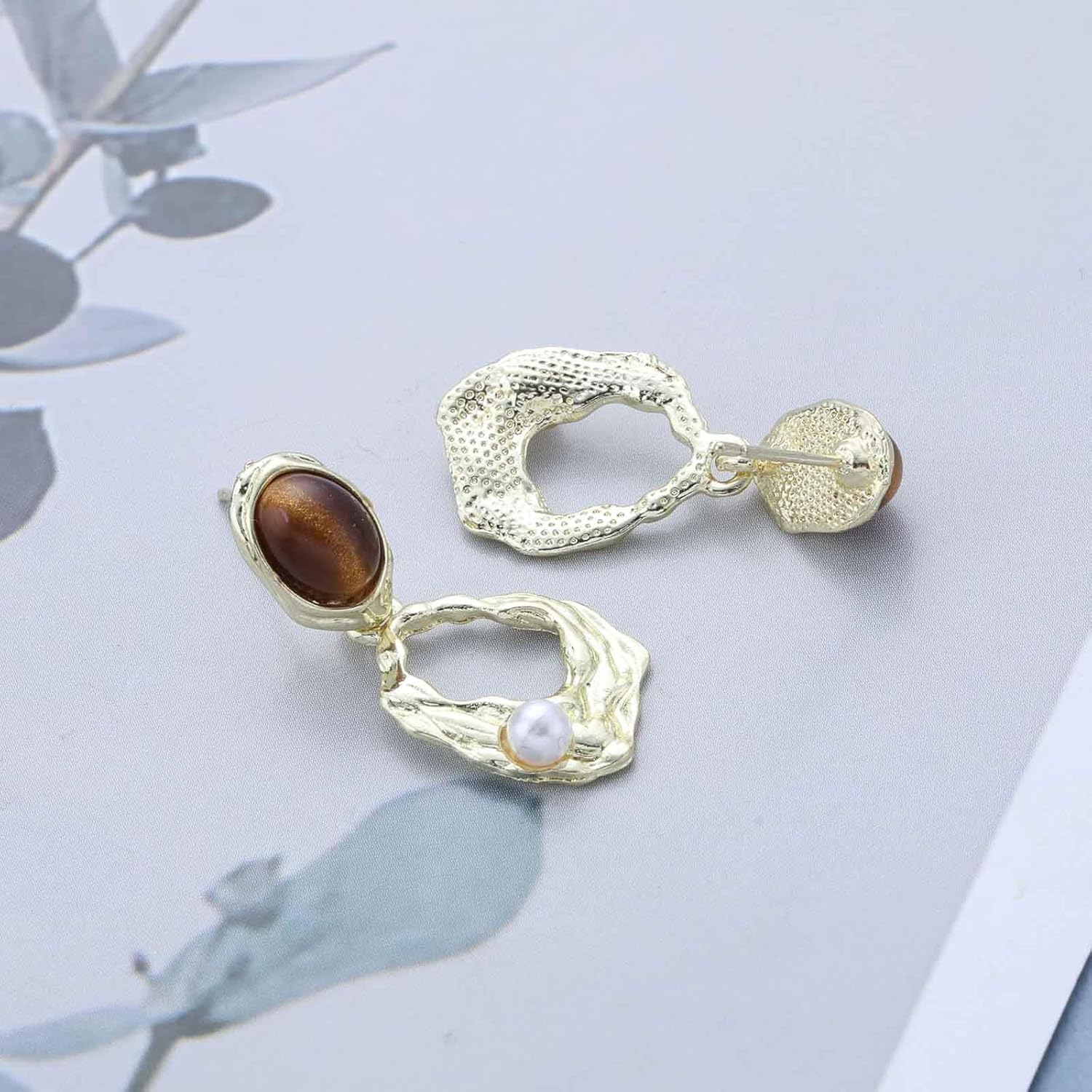 Vintage Oval Amber Stud Earrings Enamel Brown Earring Hammered Irregular Circle Dangle Earring Round Pearl Hoop Drop Earrings Jewelry for Women - Image 4