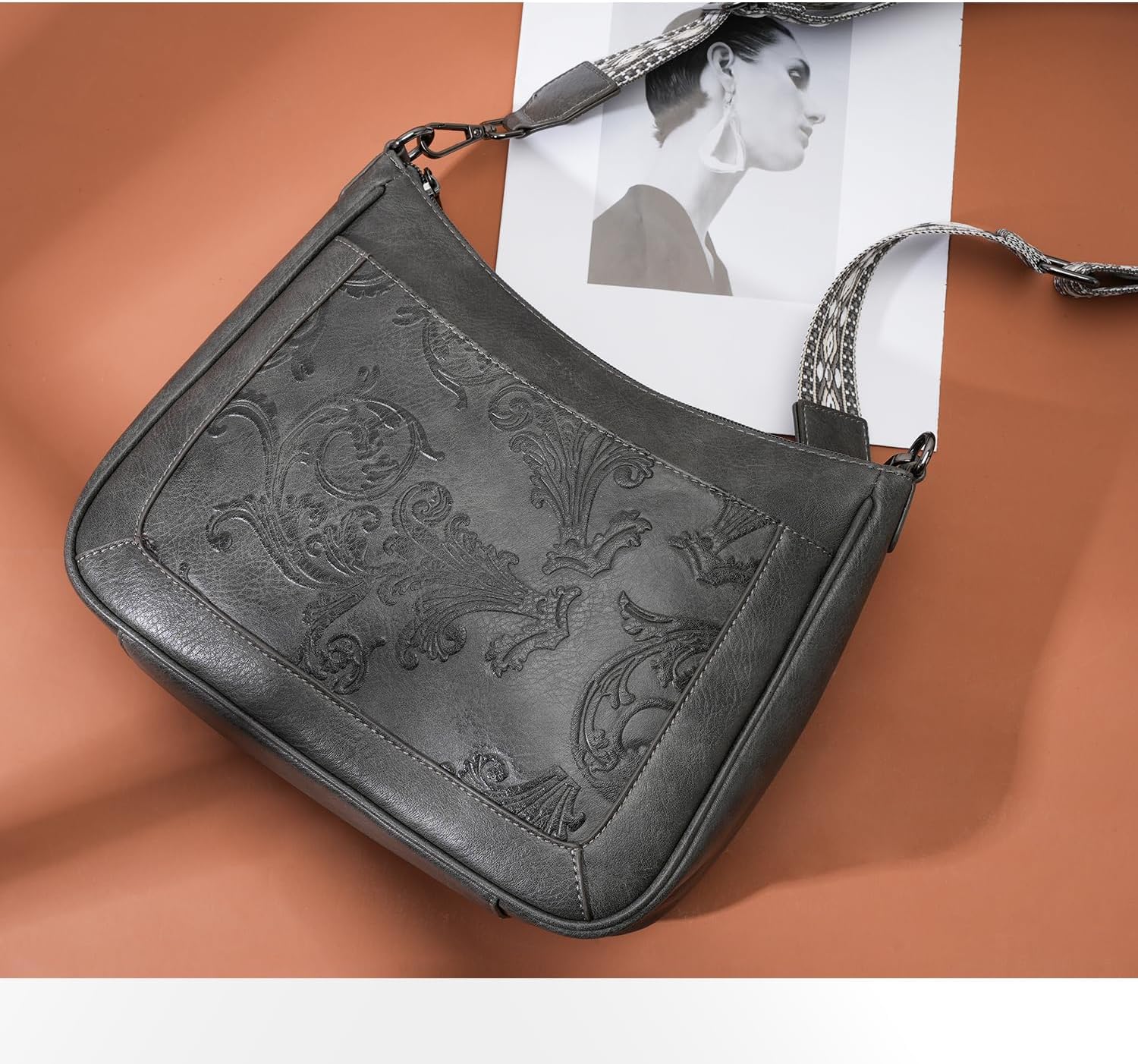 Crossbody Bags for Women,Vegan Leather Crossbody Purse with Adjustable Strap Embossed Flower Women's Shoulder Handbags | Medium, Trendy, Multi Pocket, Hobo Purse, Wide Guitar Strap, Lightweight - Image 3