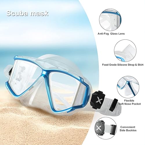 Miniatura 3 de Máscara de buceo panorámica de 4 lentes, máscara de buceo de vidrio templado con cubierta para la nariz, equipo de gafas de esnórquel antiniebla,