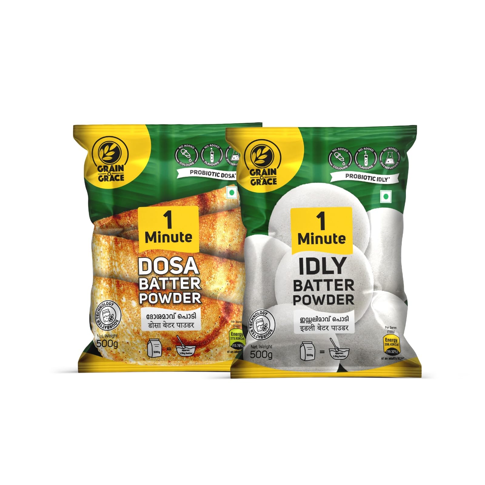 Grain n Grace 1 Minute idli Dosa Batter Powder combo Vegetarian South Indian Instant Mix (500gm each)