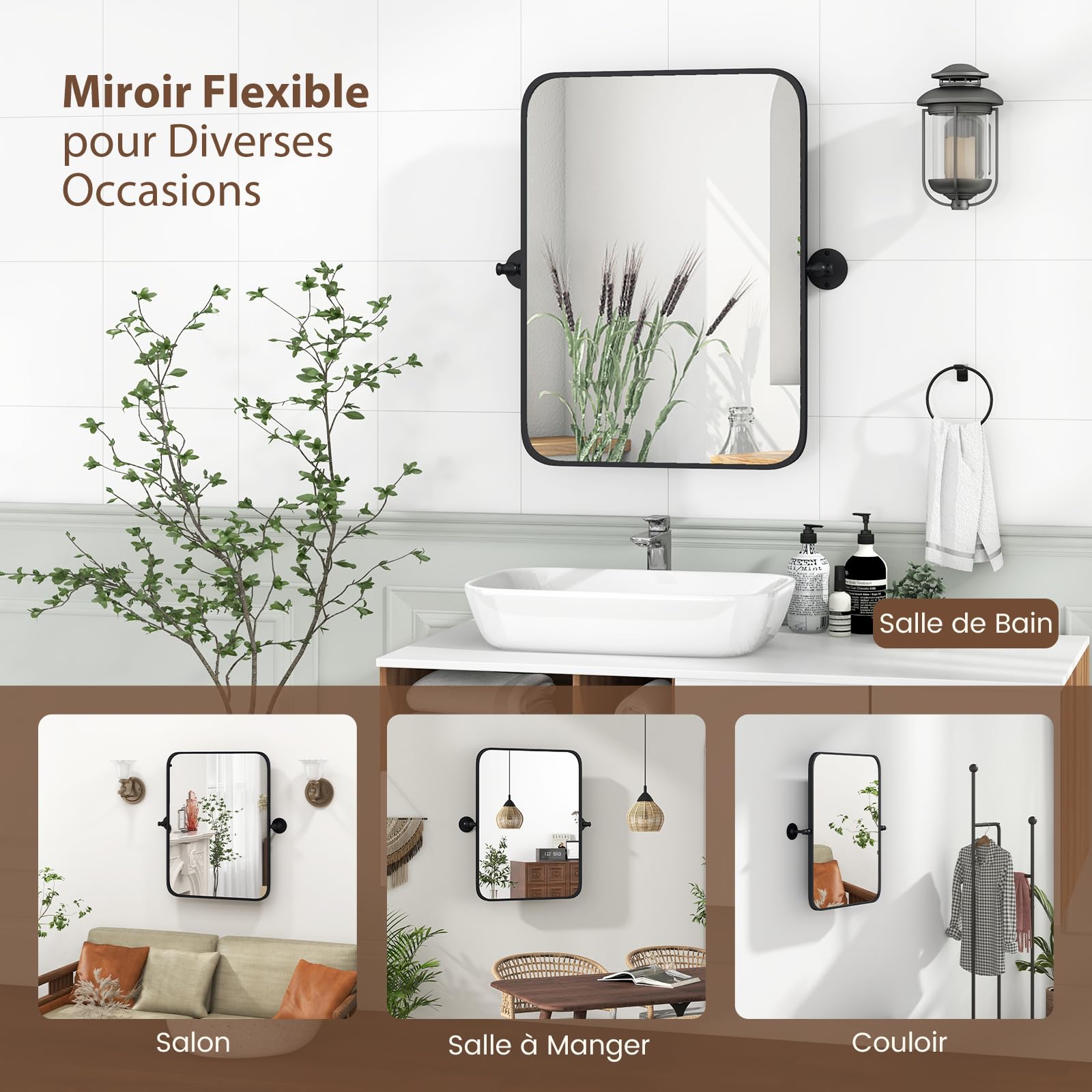 GOPLUS Miroir Mural 76,5X 66,5cm avec Cadre en Métal Noir, Miroir Salle de Bain avec Coins Arrondis, Pivotant & Inclinable, pour Entree Chambre Moderne