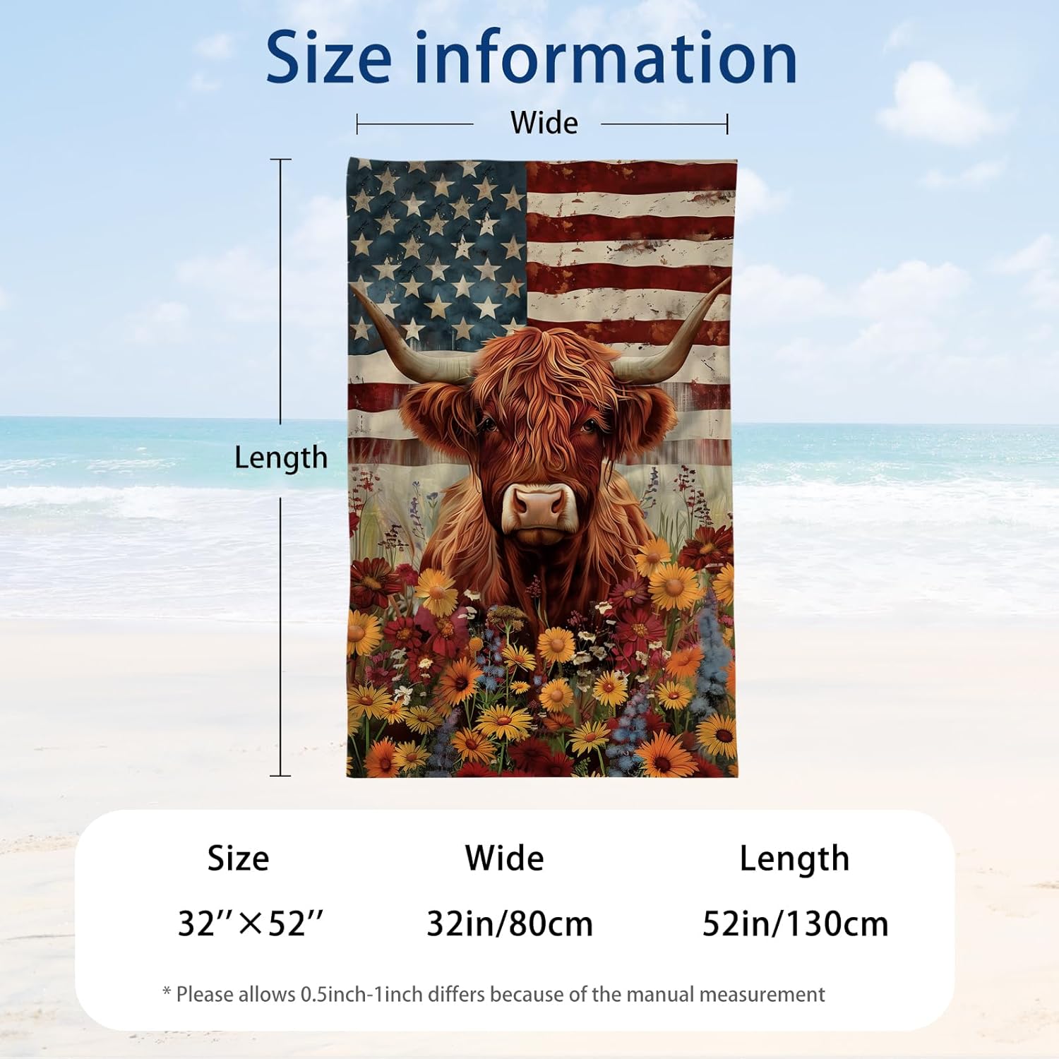 WZOMT American Flag Highland Cows Beach Towel, Microfiber Floral Cows Print Towels, Funny Brown Cattle Animal Print Bath Towels for Kids Adults, Quick Dry Pool Swim Towel Oversized 32"x52"