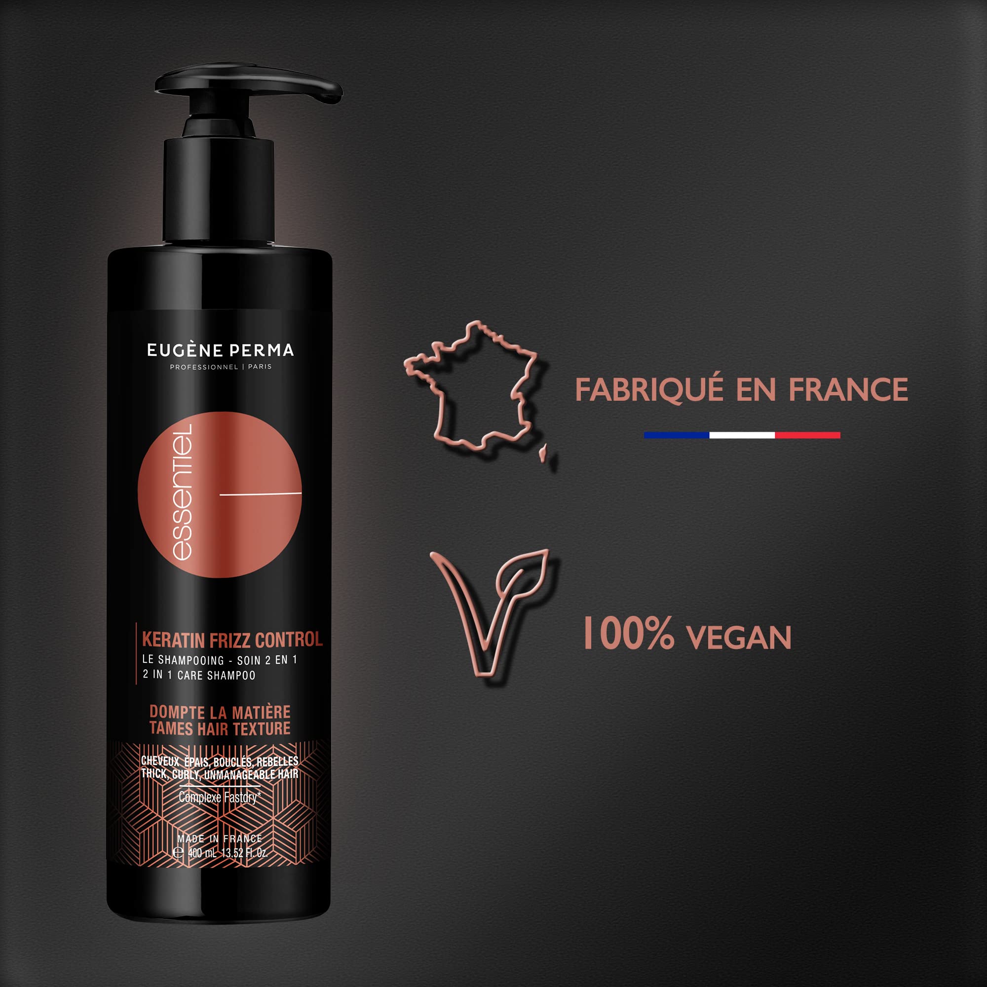 EUGENE PERMA Professionnel Shampoo Cura 2en1 Cheratina Frizz Control Anticrespo Per Capelli Epais/ricci/ribelli, 400 Millilitro