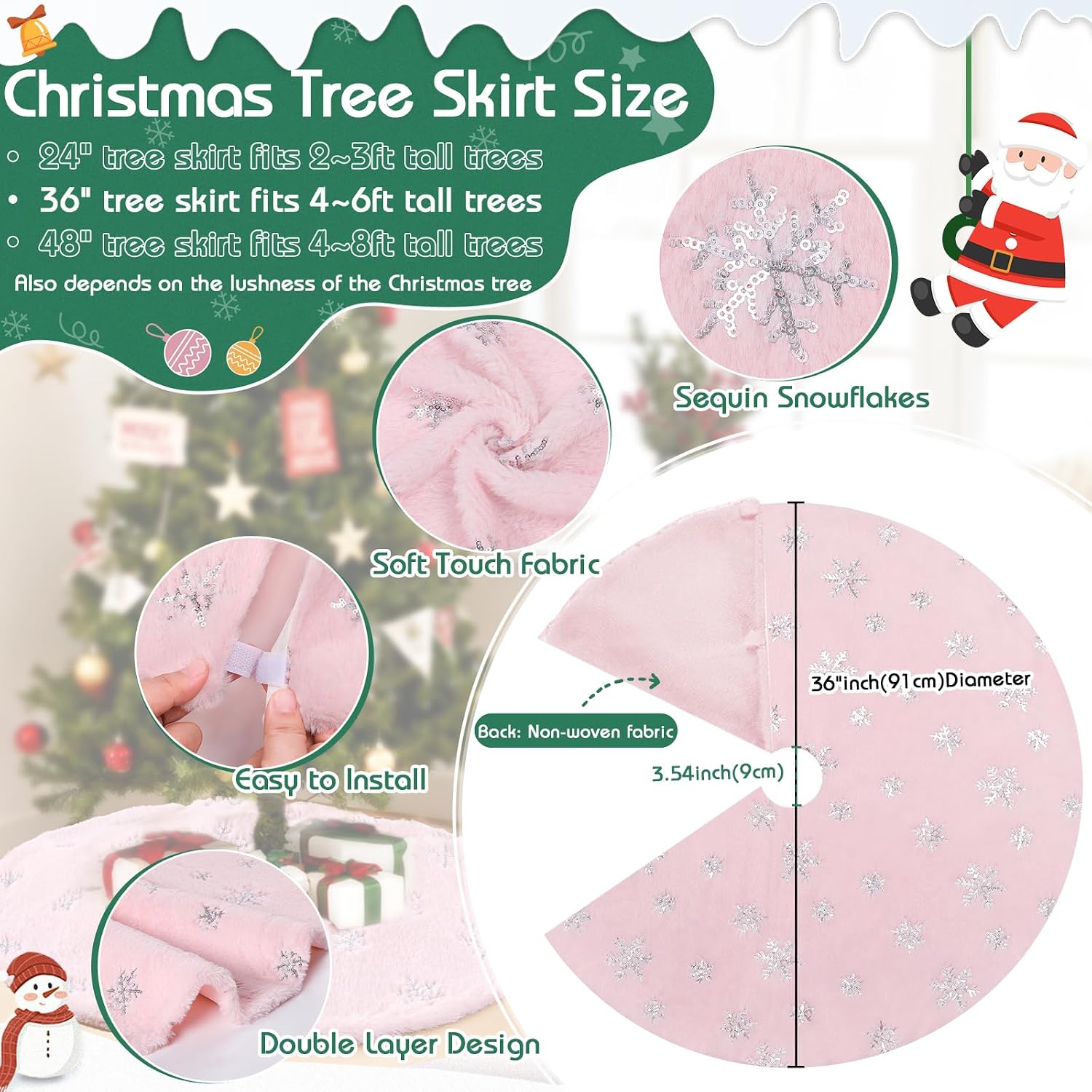 Faux Fur Christmas Tree Skirt Pink Sequin Snowflakes Tree Skirt Shrimp Red Tree Skirts 36 Inch for Party Christmas Tree Xmas Decorations