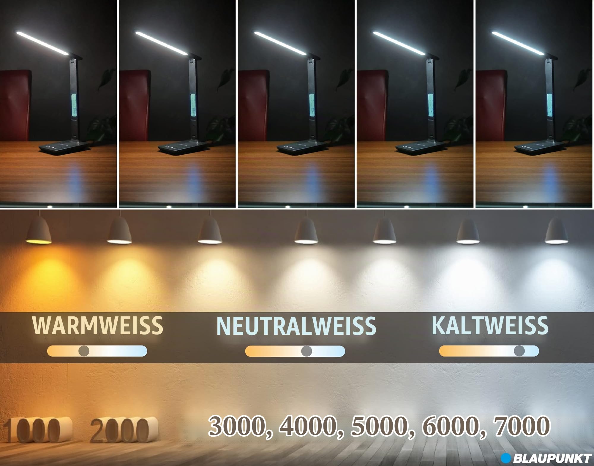 Blaupunkt LED-Schreibtischlampe mit kabellosem Ladegerät - USB-Ladeanschluss - Dimmbare Tischlampe 5 Farbmodi - Verstellbarer Arm - Büro - Leselicht - LCD-Anzeige Uhr Kalender Thermometer - Schwarz