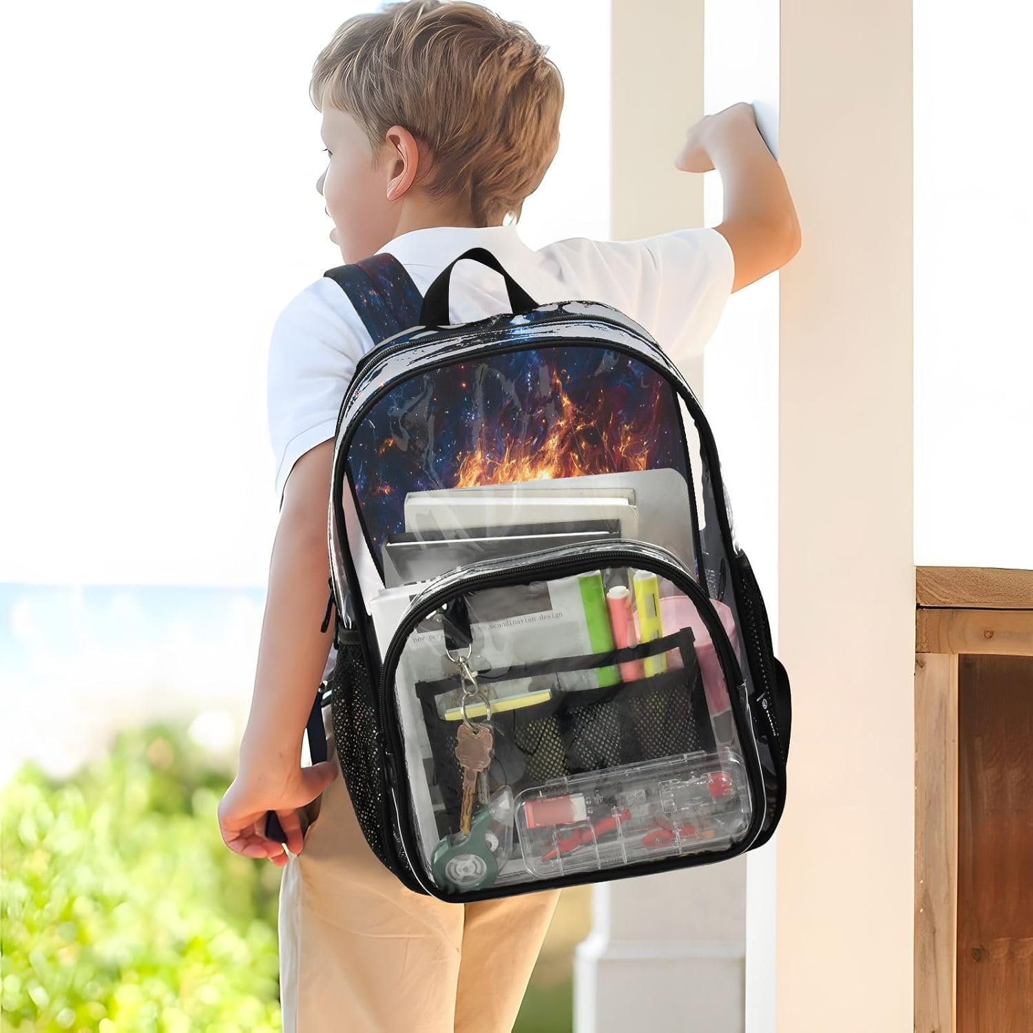 Baseball Flame Sky Clear Backpack Heavy Duty See Through Transparent PVC BookBag for Kids Boy Girl Adult School Work