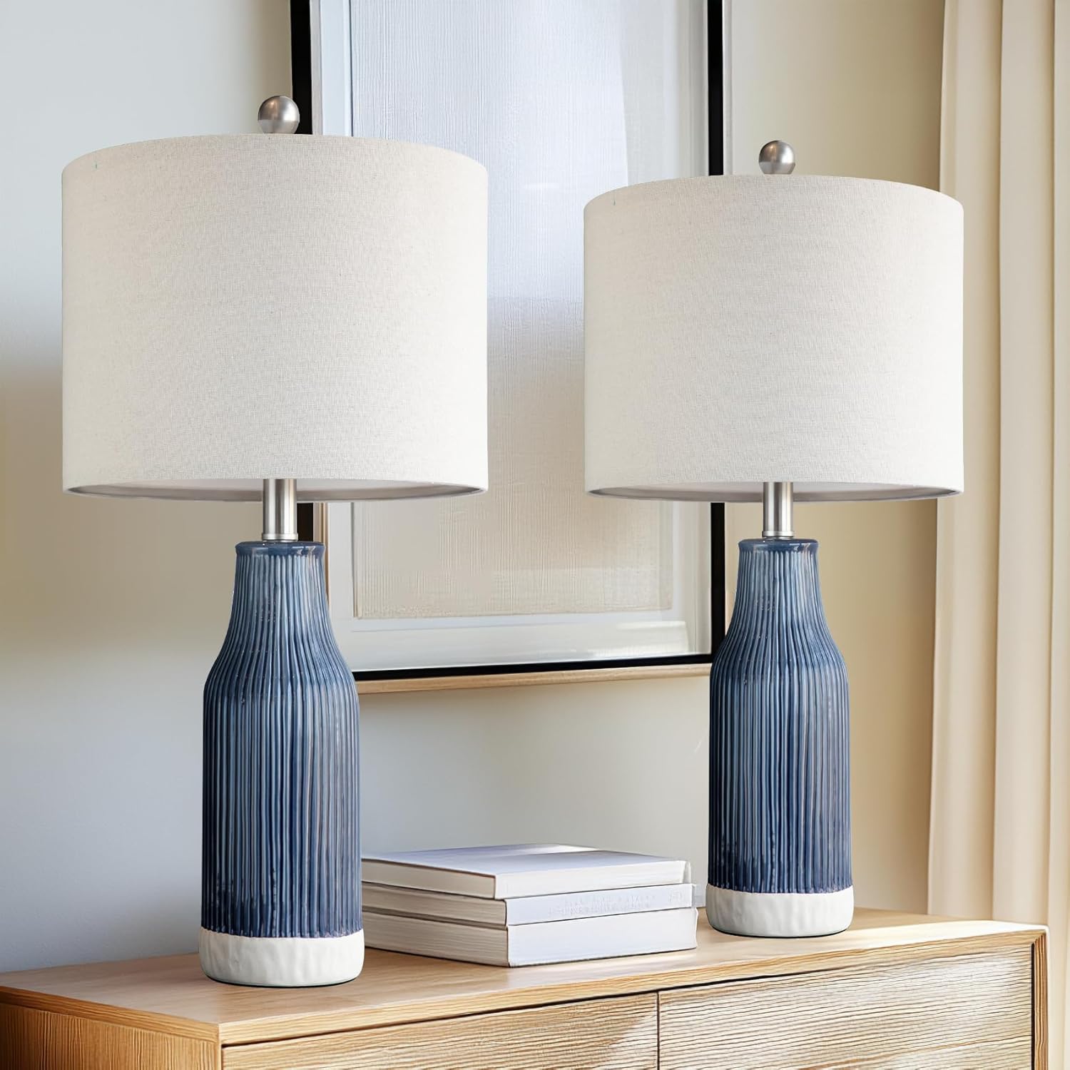 23.75" Modern Blue Ceramic Table Lamp Set of 2 for Living Room, Farmhouse Bedside Nightstand Lamp for Bedroom Home Office Dorm