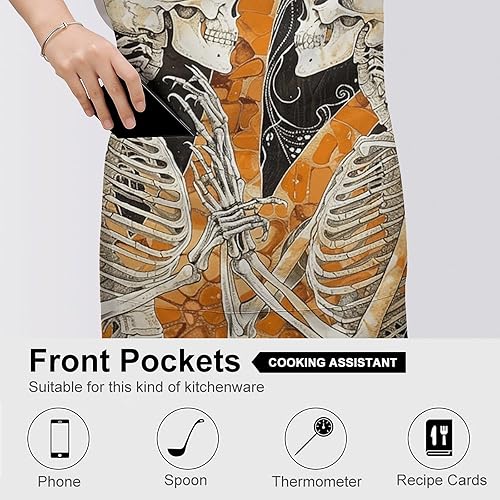 Miniatura 5 de MUSM Apron for Adults - 27.6 X 31.5 Inch, Heavy-Duty Polyester Aprons with Two Large Pockets, Waterproof Two Dancing Skeletons Kitchen Apron for