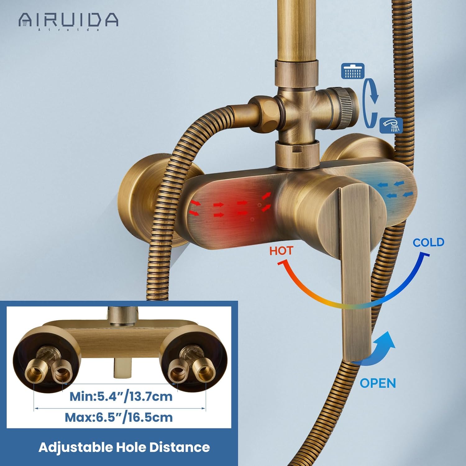 Airuida Exposed Shower System, 8 Inch Rainfall Shower Head with Handheld Spray, Single Handle Wall Mount Shower Faucet Set, Solid Brass Dual Function Exposed Pipe Fixture for Bathroom,Antique Brass